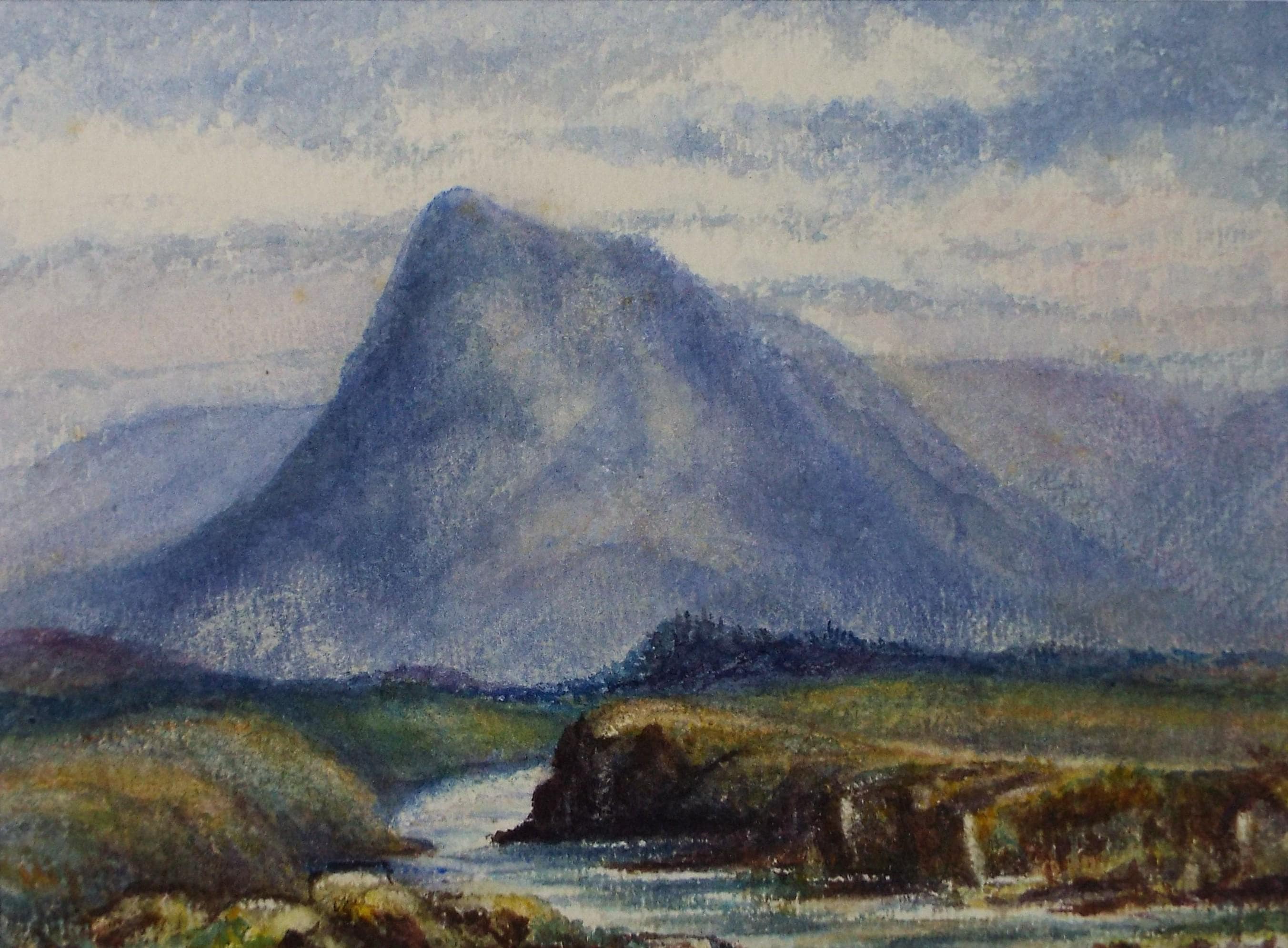 Original Watercolour, 'Stream with Blue Mountain', Late 19th Century, Unknown Artist
