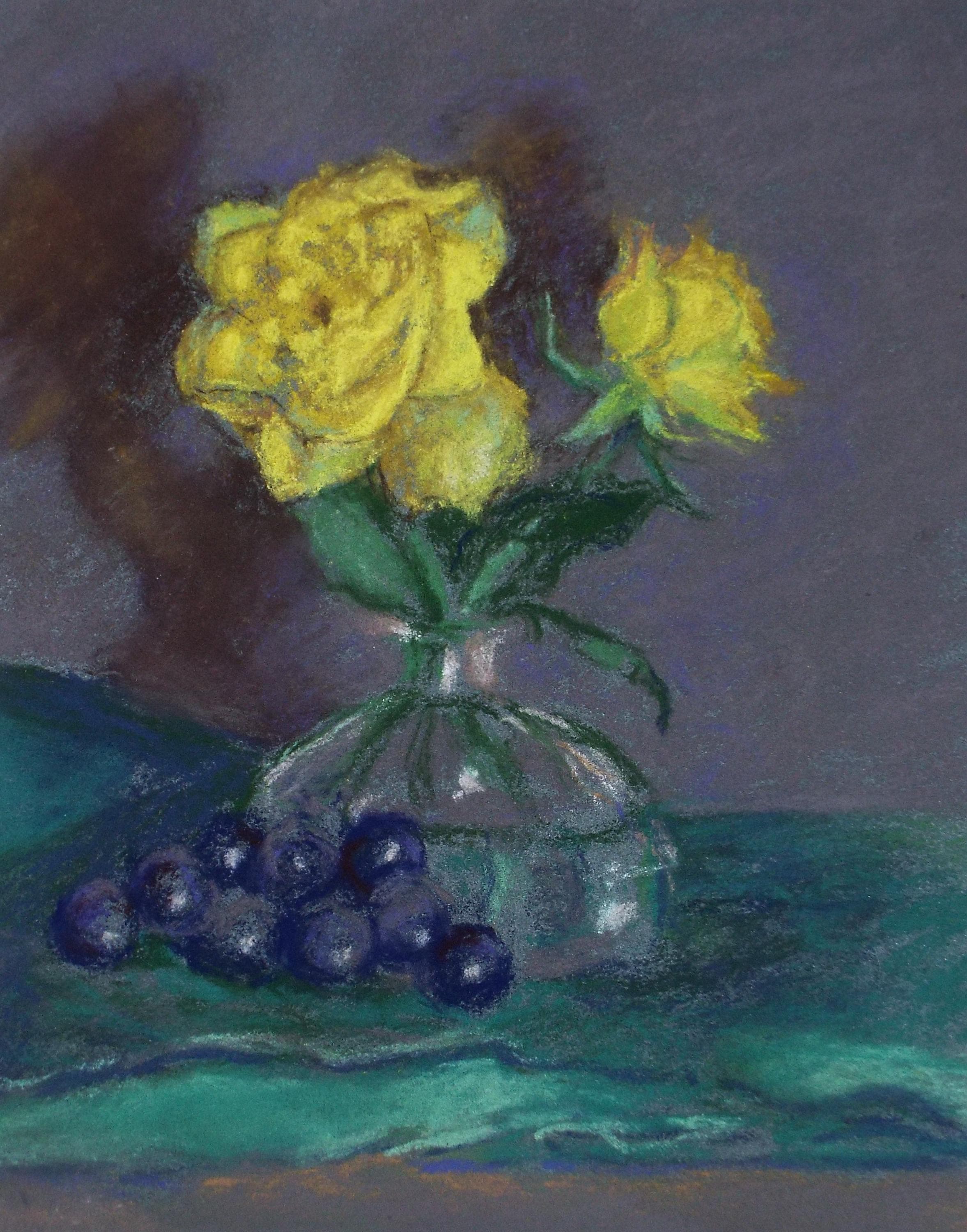 Original pastel Drawing 'Still life of yellow roses', Pauline Plummer (b1933), Circa 1990's