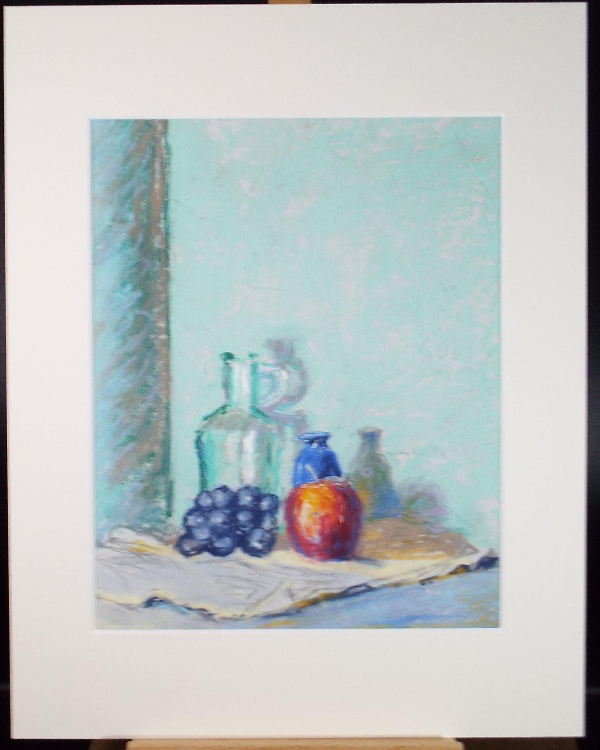 Original pastel Drawing 'Still life Glassware & fruit', Pauline Plummer (b1933), Circa 1990's