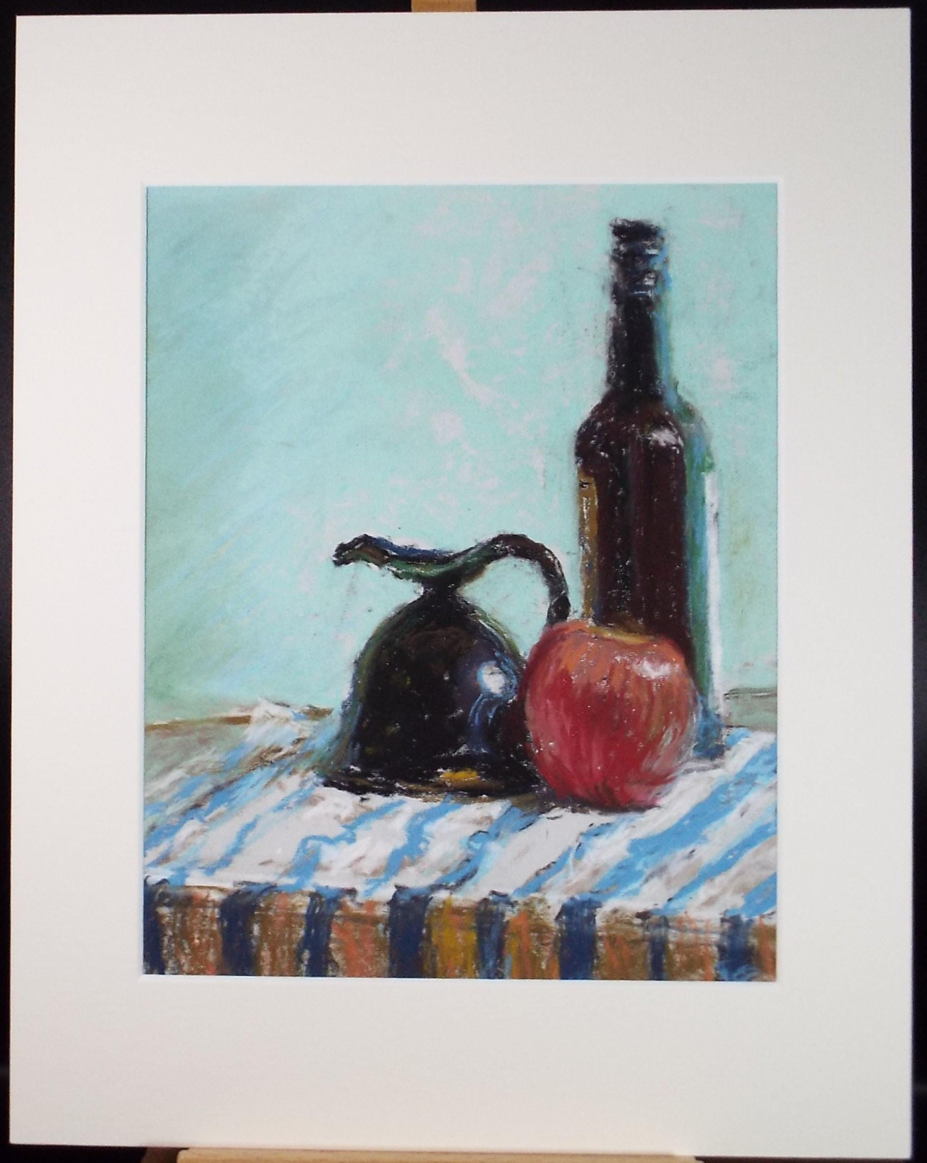 Original pastel Drawing 'Still life of bottle, jug and apple', Pauline Plummer (b1933), Circa 1990's