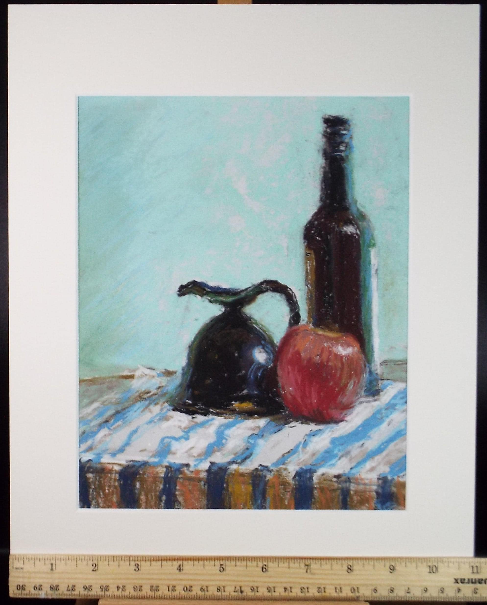 Original pastel Drawing 'Still life of bottle, jug and apple', Pauline Plummer (b1933), Circa 1990's