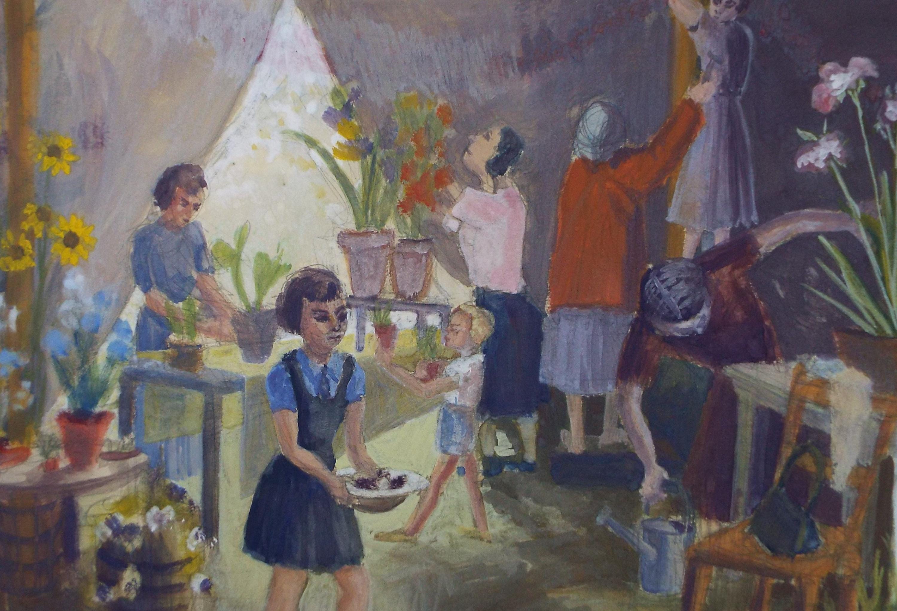 Original Watercolour, 'Flower Show with figures', Pauline Plummer (b1933), Circa 1950's