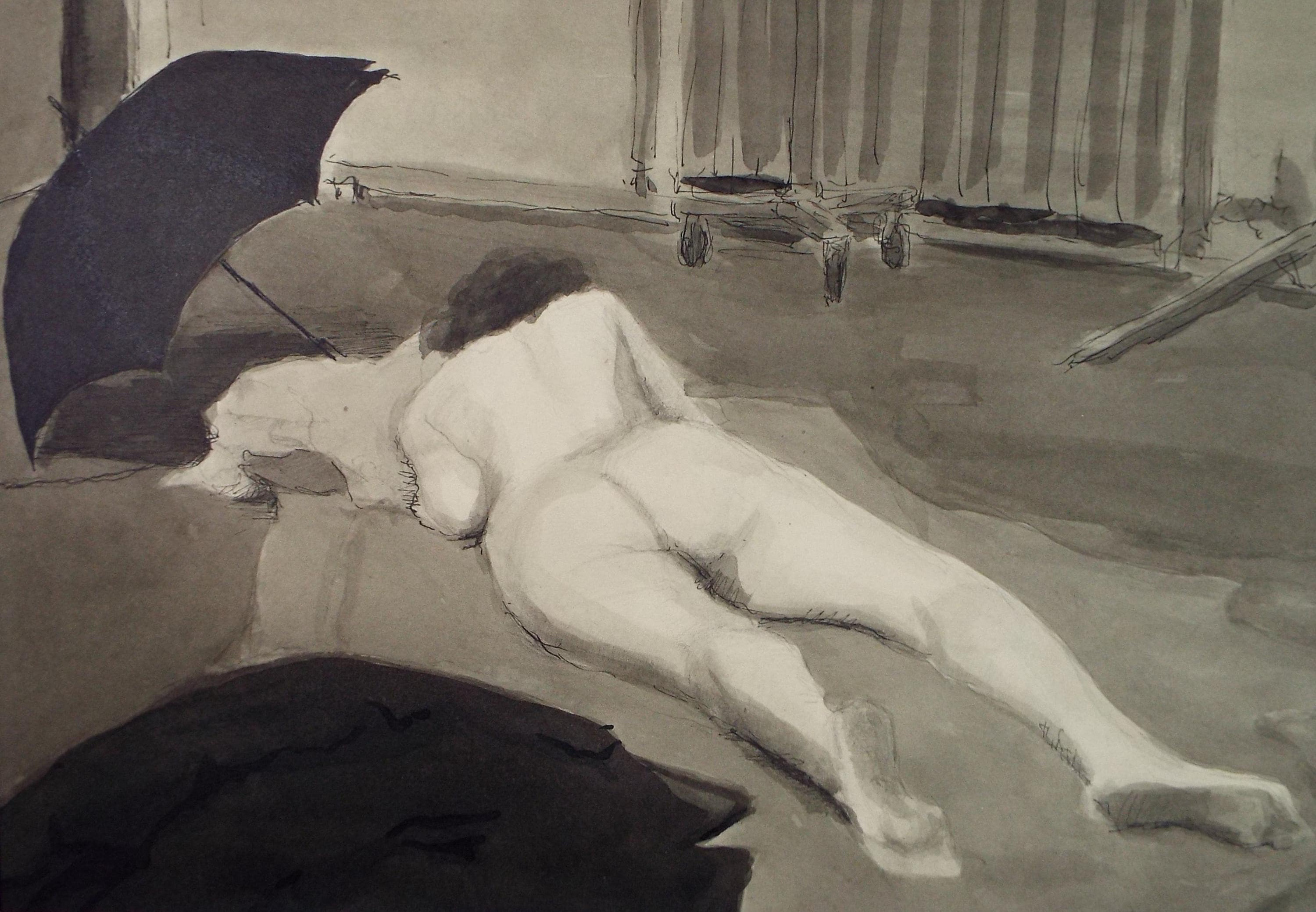 Original Watercolour & Ink ,'Sleeping Nude with Umbrella', Circa 1950's, Pauline Plummer (b 1933)