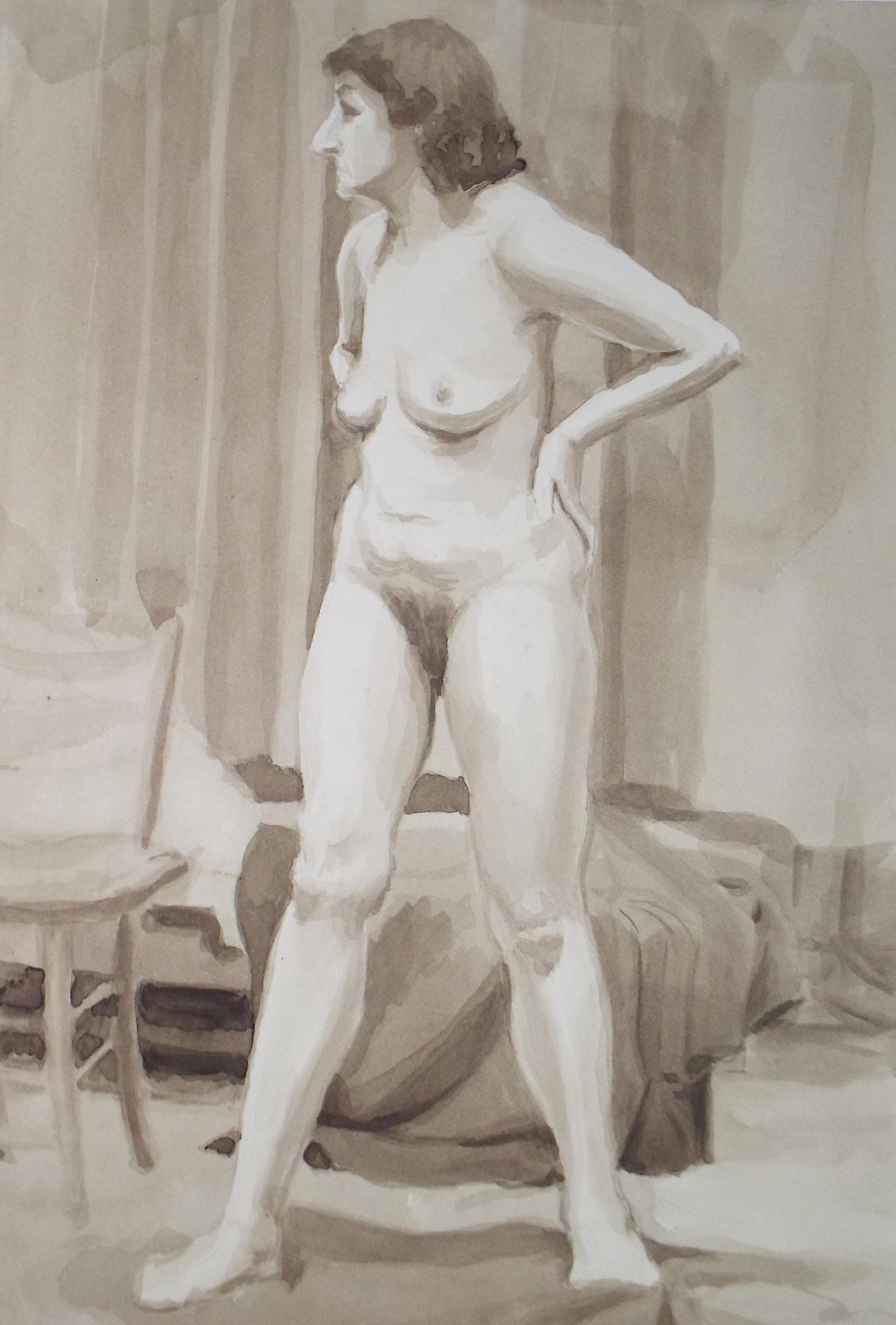 Original Watercolour & Ink ,'Standing female nude', Circa 1950's, Pauline Plummer (b 1933)