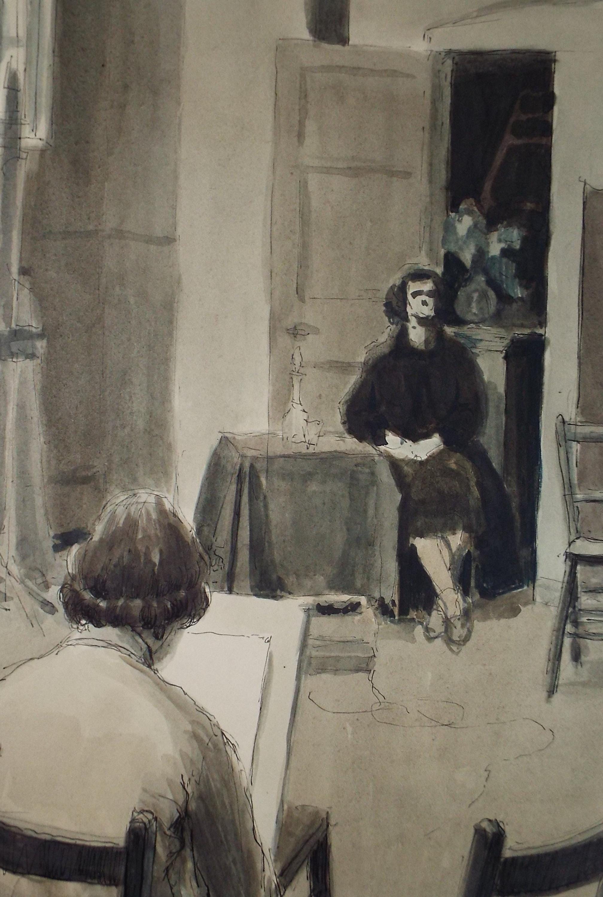 Original Watercolour & Ink 'Drawing Class', Circa 1950's, Pauline Plummer (b 1933)