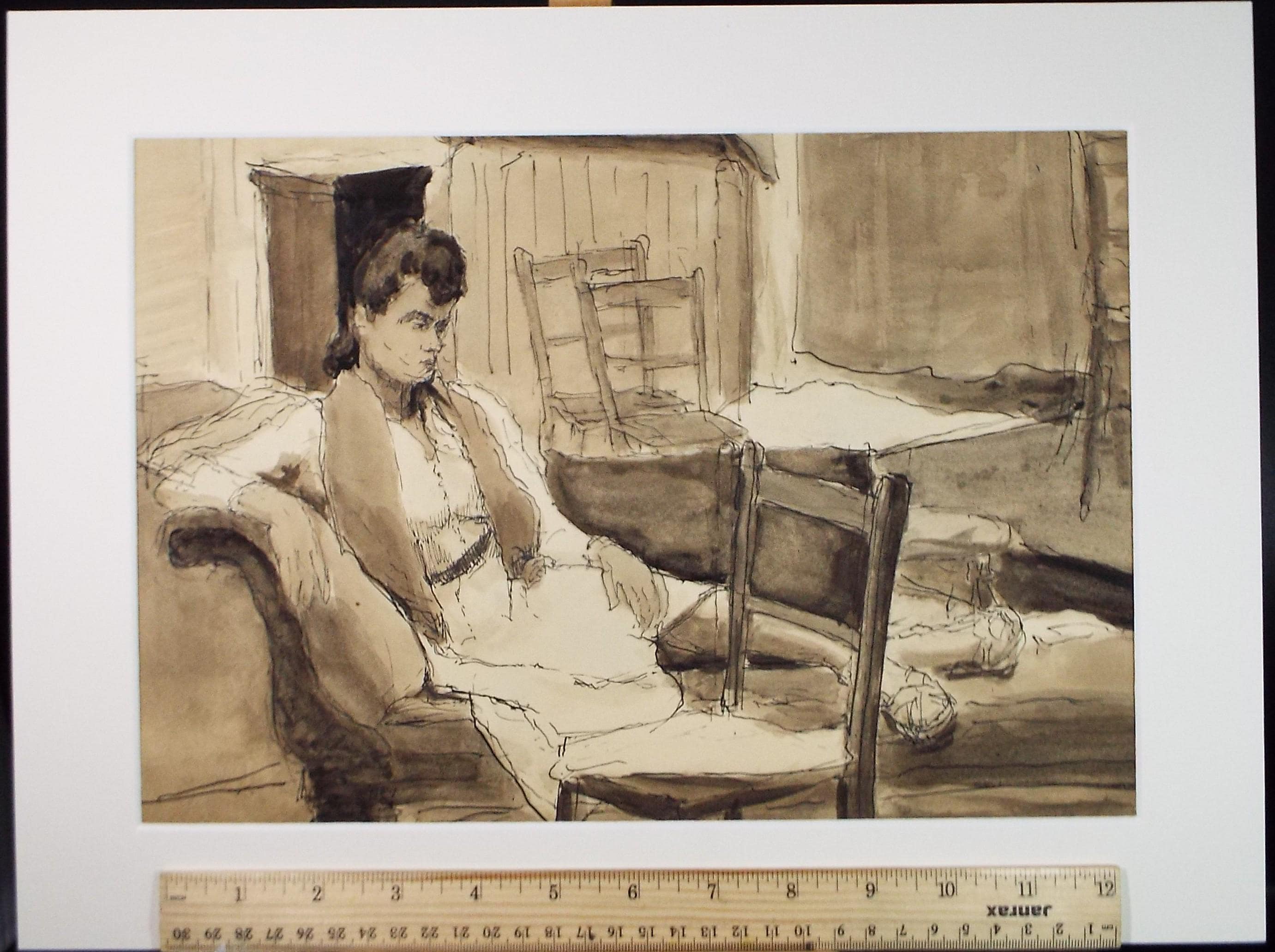 Original Watercolour & Ink ,'Woman on a Couch', Circa 1950's, Pauline Plummer (b 1933)