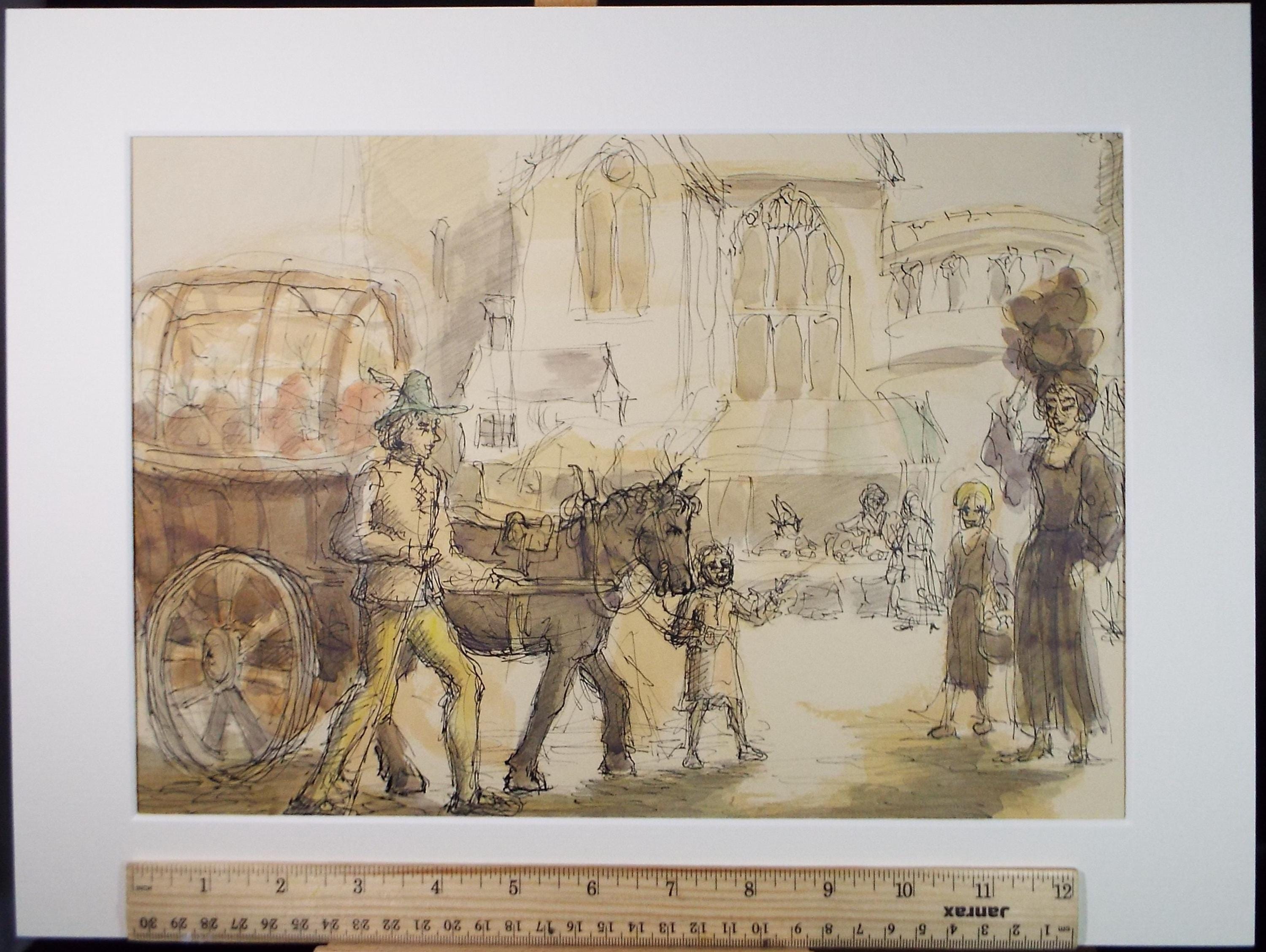 Original Watercolour & Ink ,'Horse drawn carriage with figures', Pauline Plummer (b1933), Circa 1950's.