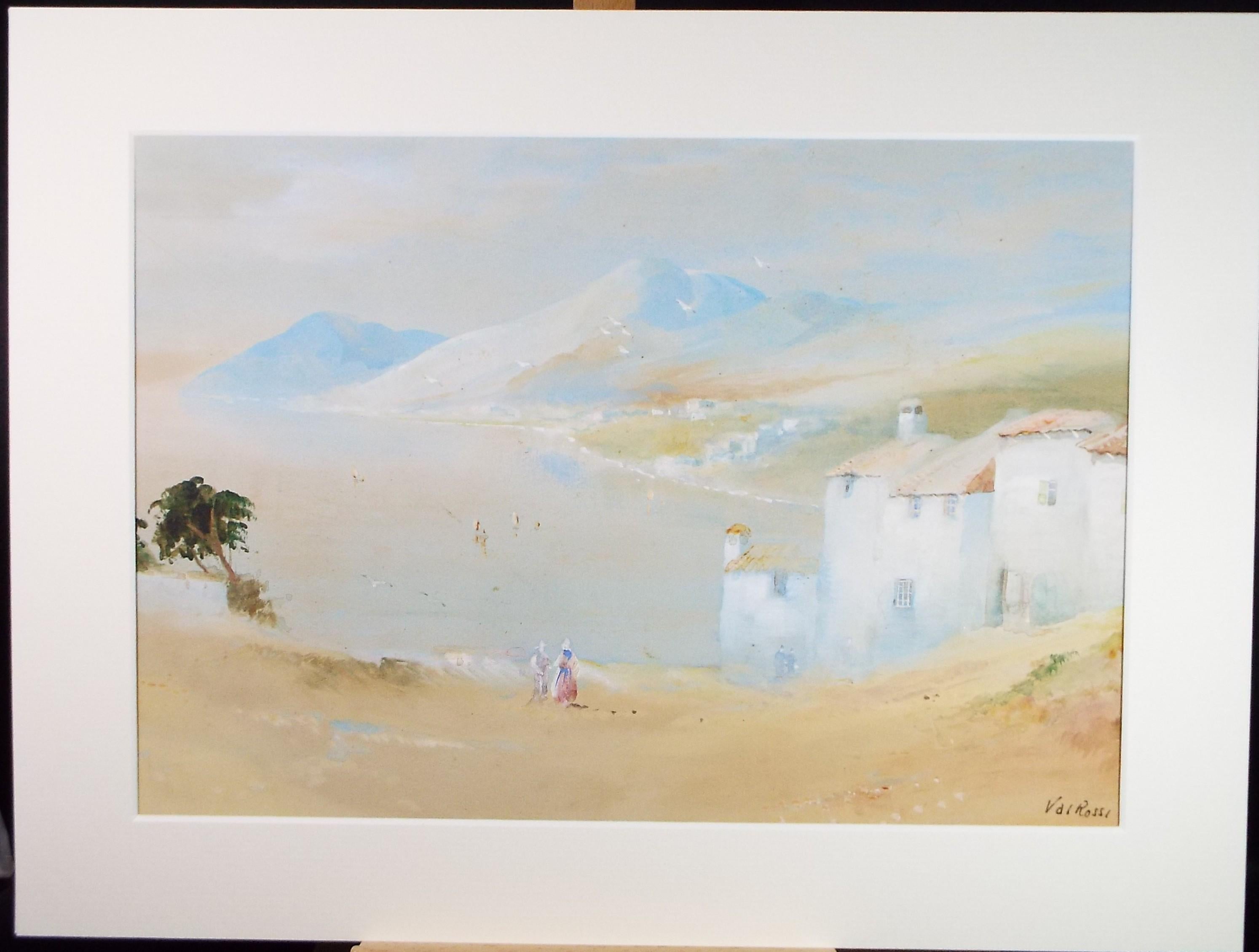 Original Watercolour, 'Expansive bay with figures', Val Rossi, circa 1960's