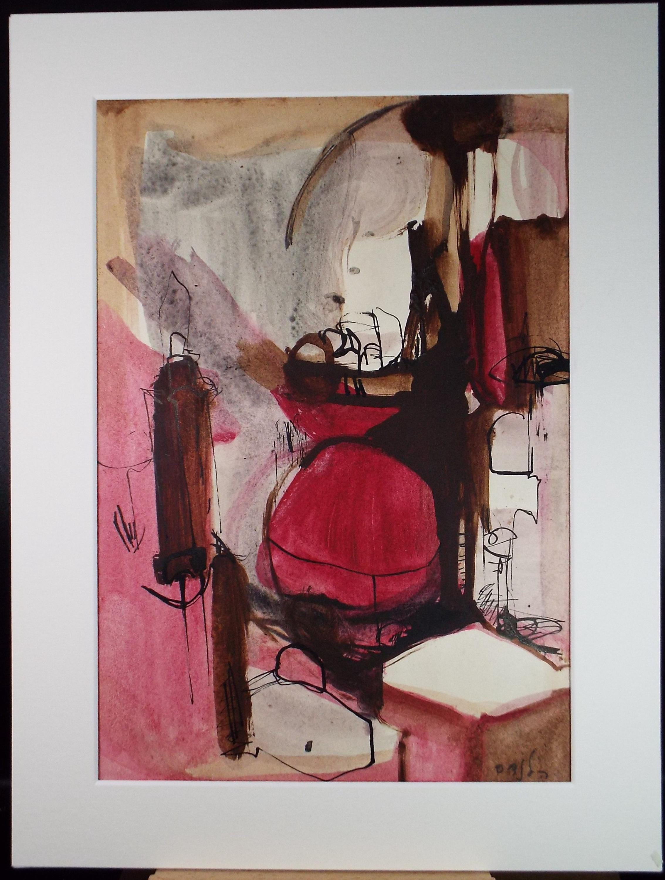 Original Watercolour & Ink, 'Abstract in Purple' circa 1970's, Artist unknown