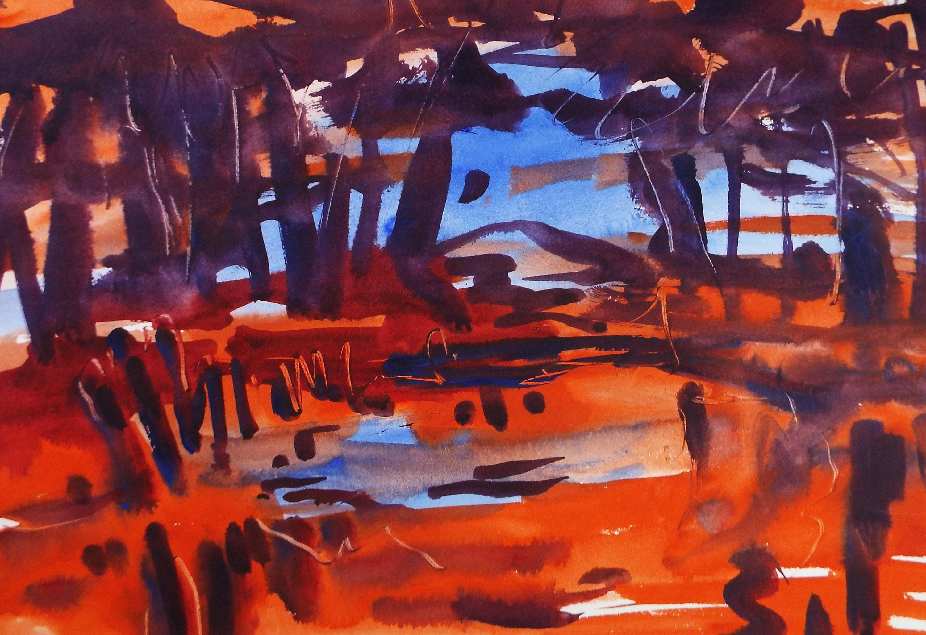 Original Watercolour, 'Abstract Landscape in Red and Blue', Circa 1970's , artist Unknown