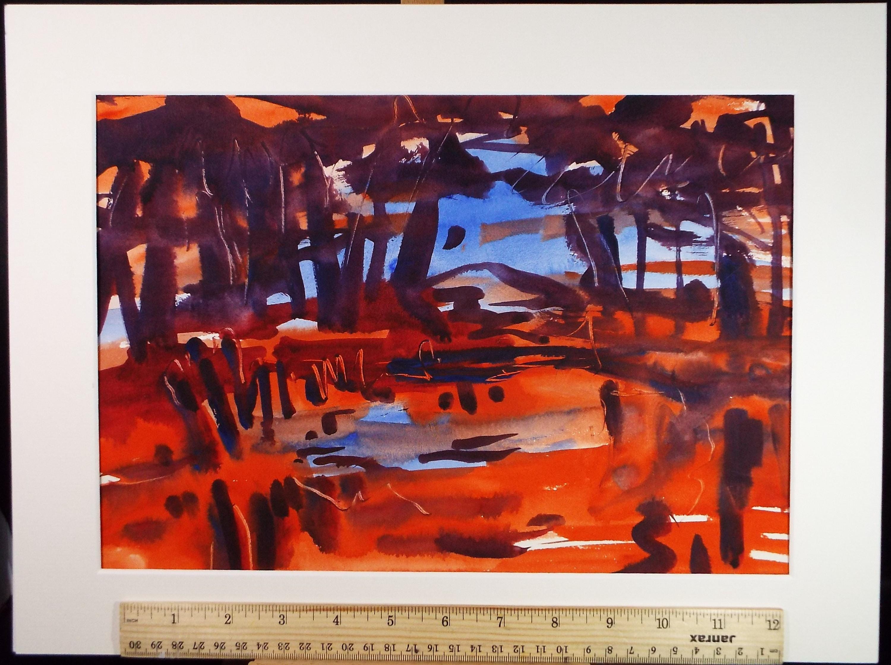 Original Watercolour, 'Abstract Landscape in Red and Blue', Circa 1970's , artist Unknown
