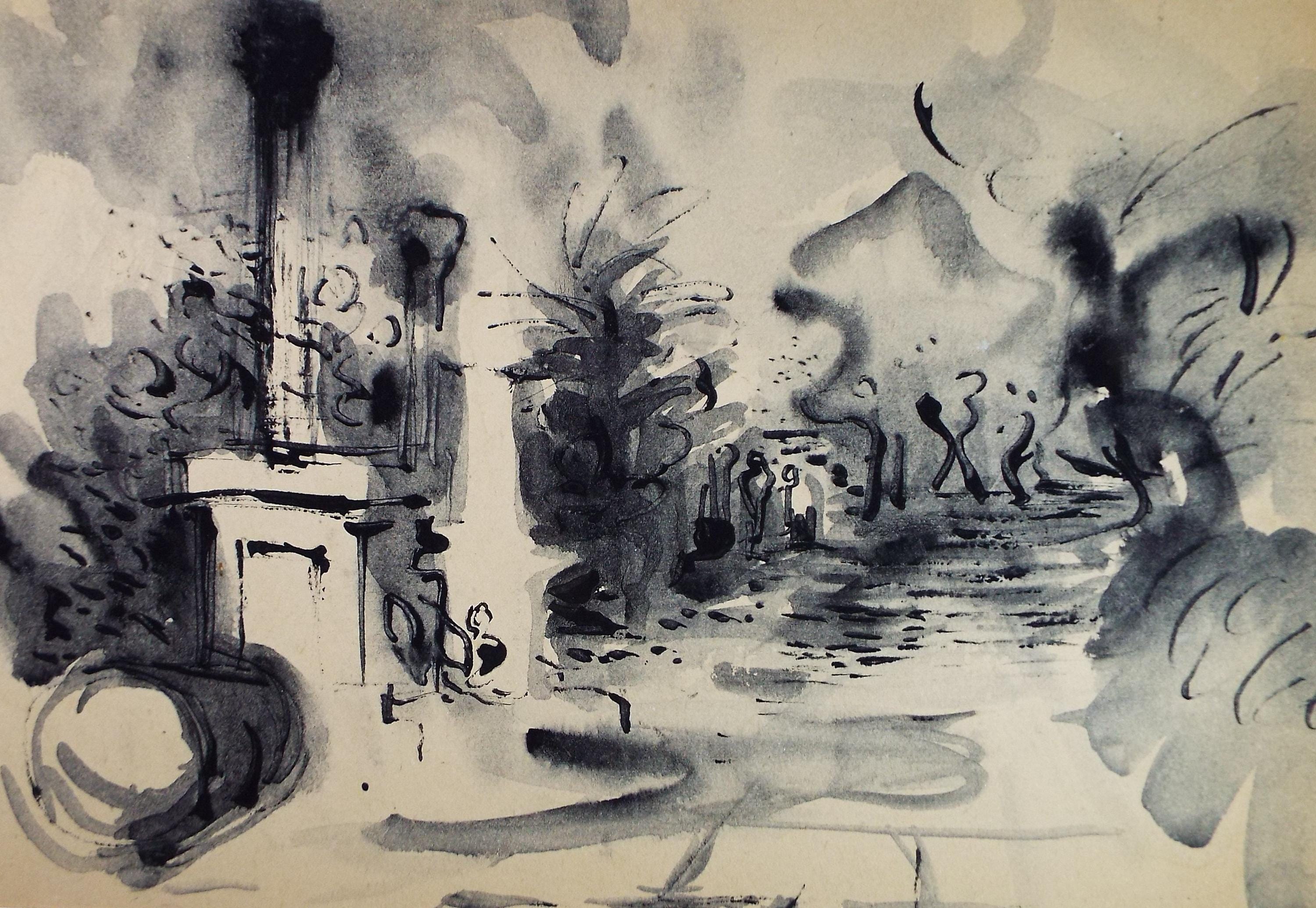 Original Watercolour, 'Coastal Town', Circa 1970's , artist Unknown