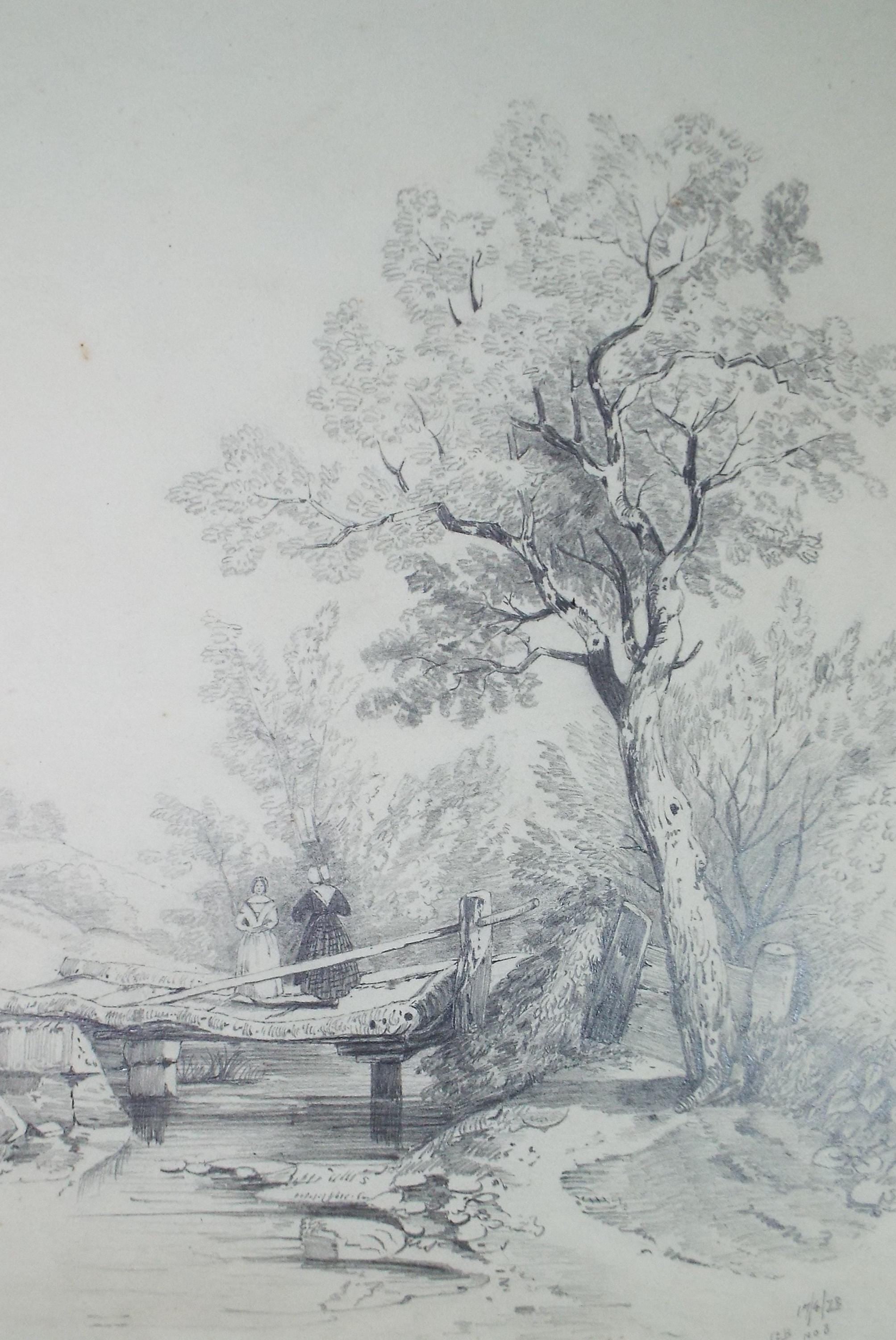 Original Pencil Drawing, 'Figures on a Bridge', Late 19th Century, Artist Unknown