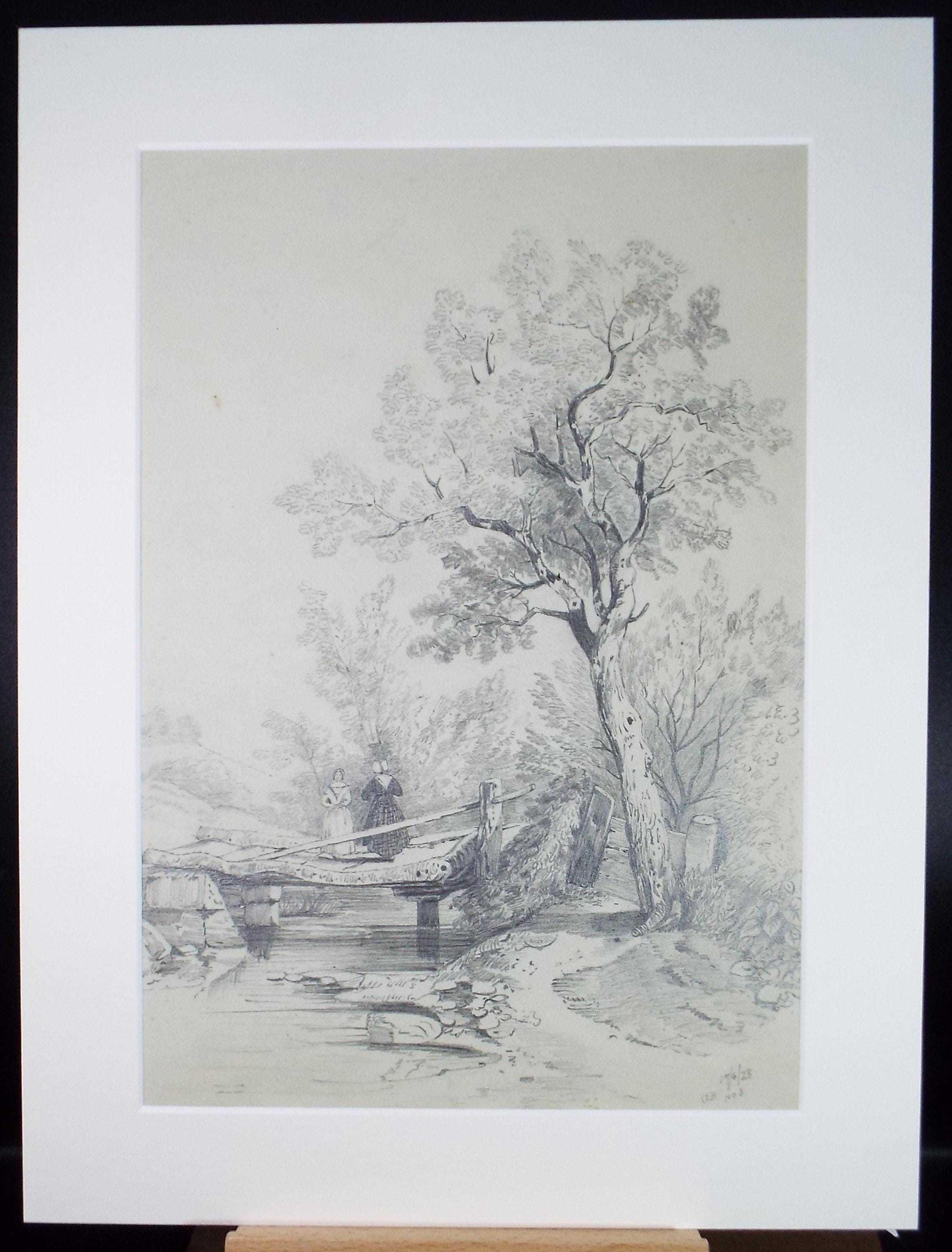Original Pencil Drawing, 'Figures on a Bridge', Late 19th Century, Artist Unknown