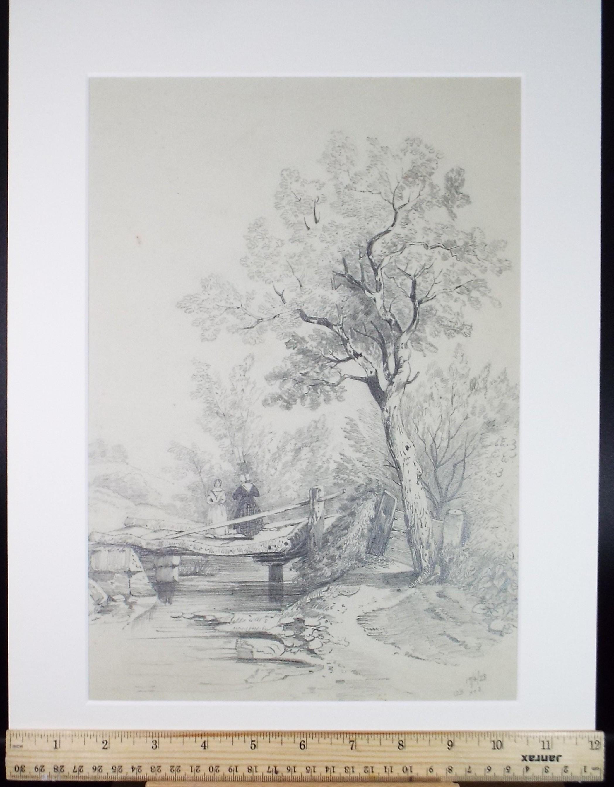 Original Pencil Drawing, 'Figures on a Bridge', Late 19th Century, Artist Unknown