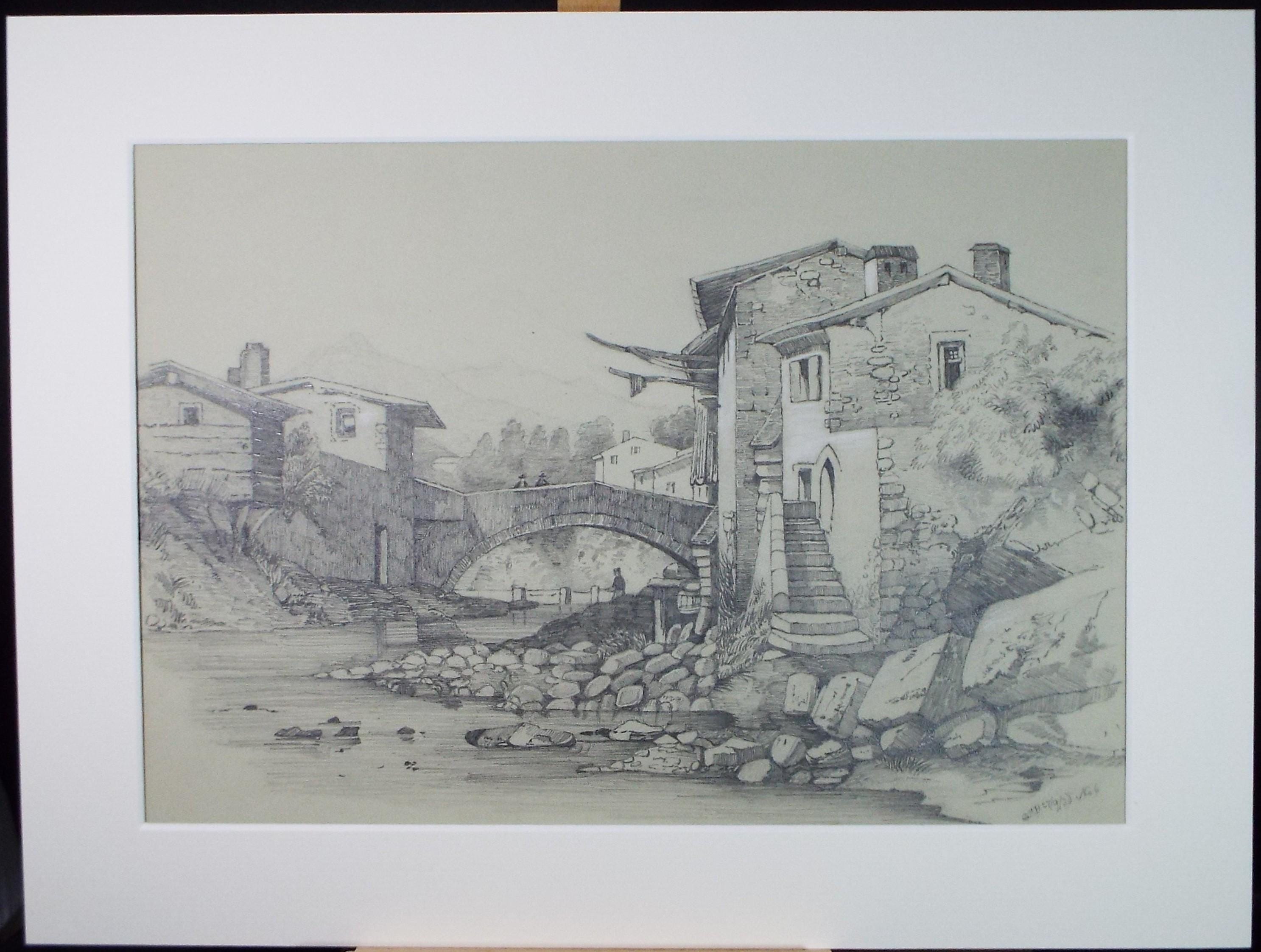 Pencil Drawing, 'Figures on a Bridge', Dated 1878, Artist Unknown