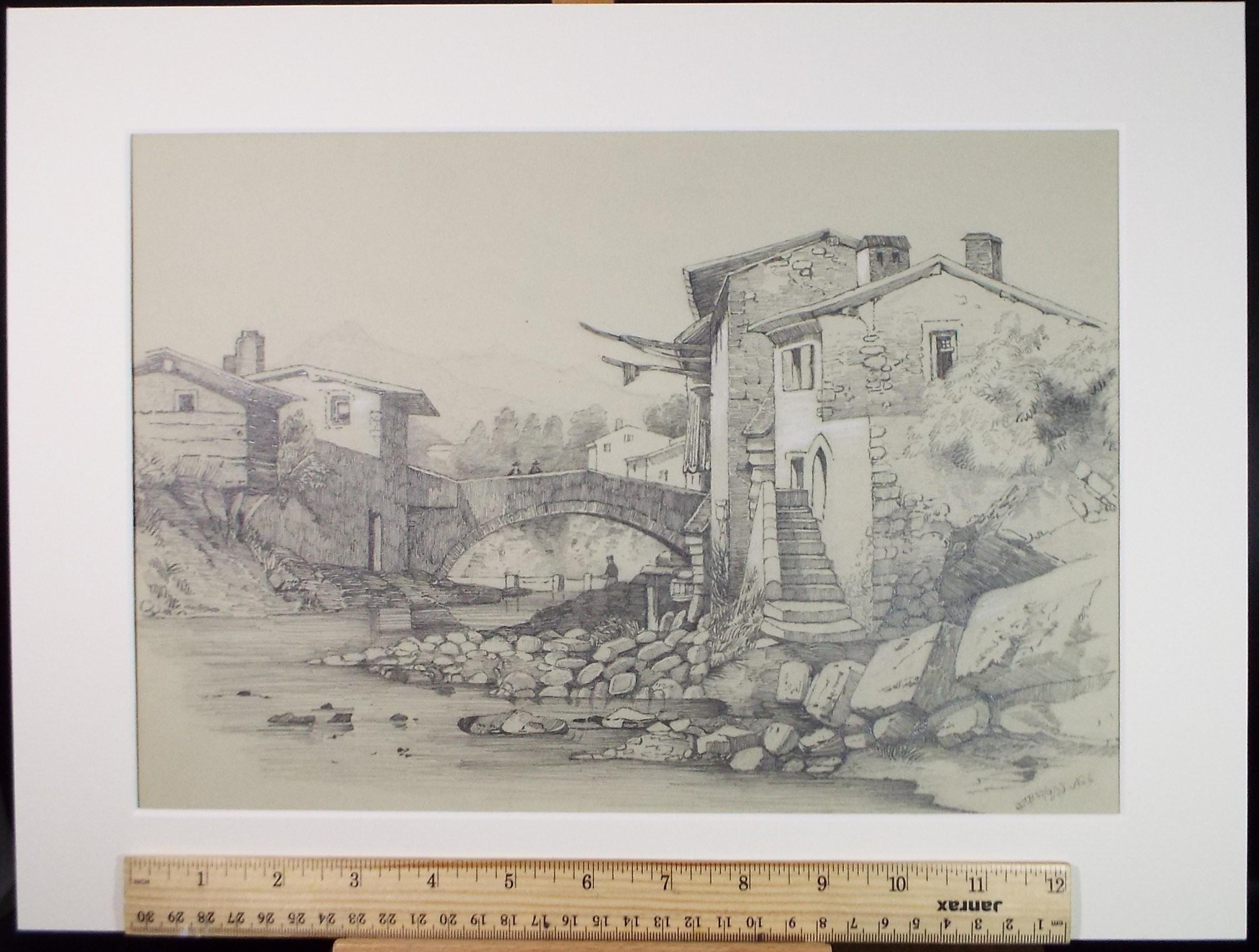 Pencil Drawing, 'Figures on a Bridge', Dated 1878, Artist Unknown