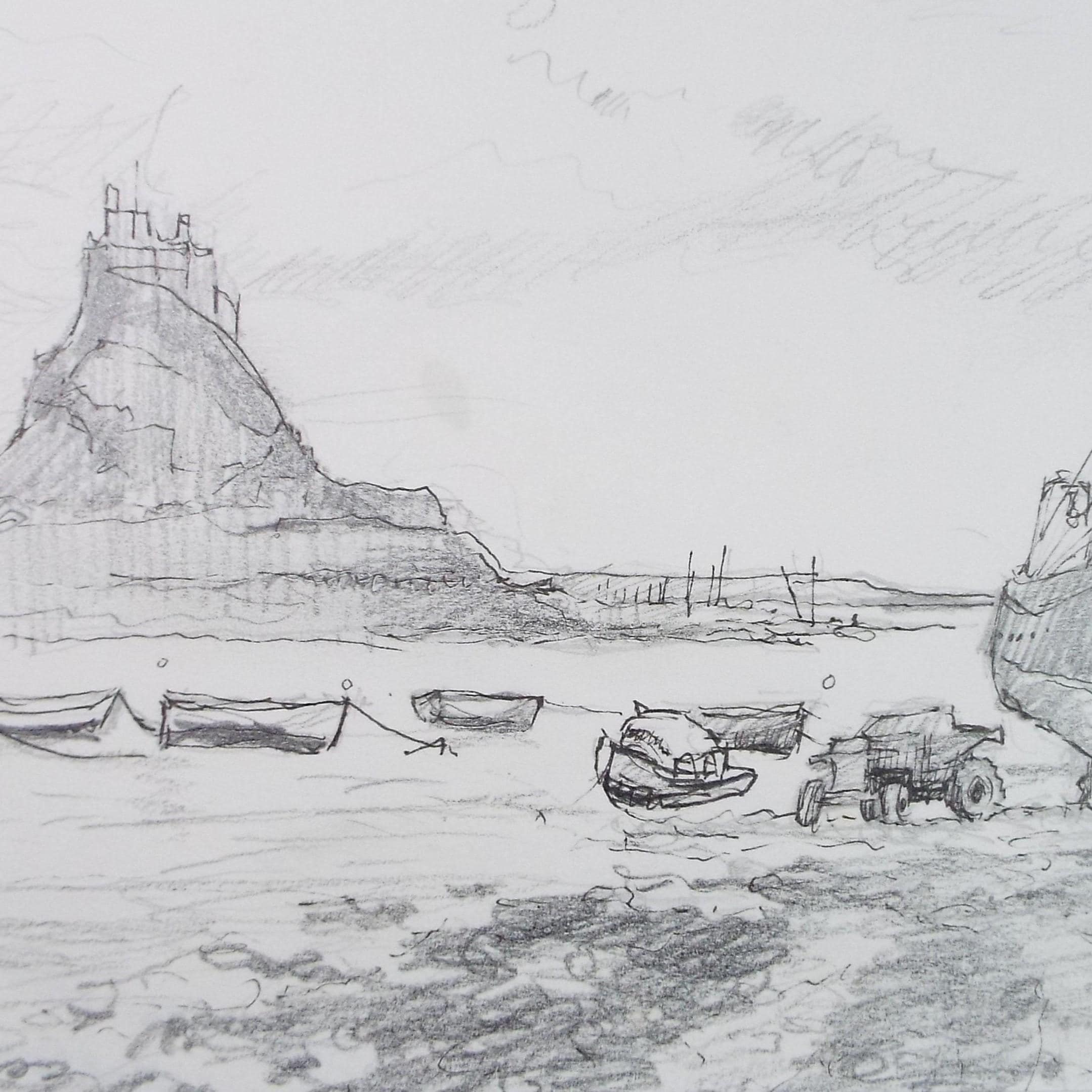 Pencil drawing 'Lindisfarne with boats', Pauline Plummer (b1933), Circa 1990's
