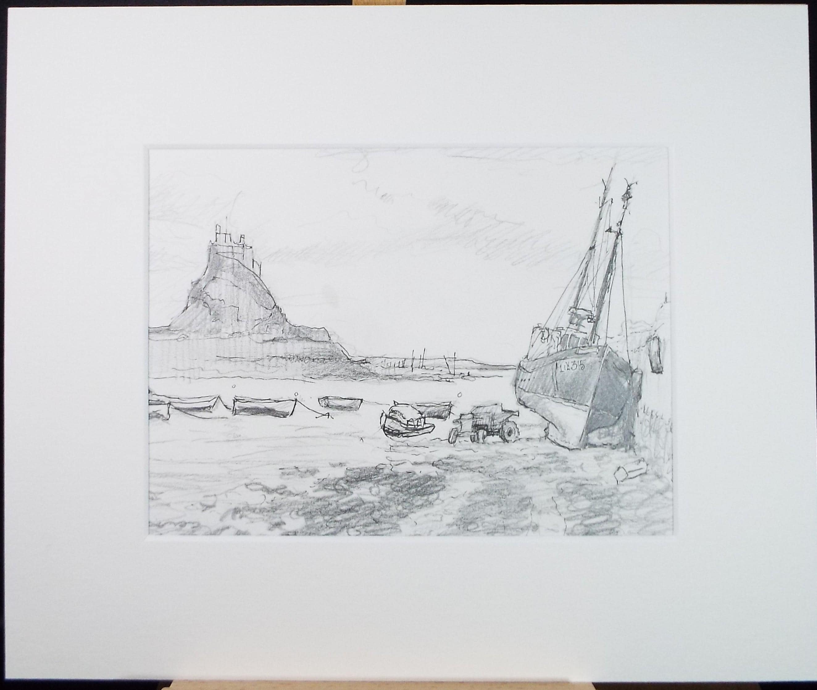 Pencil drawing 'Lindisfarne with boats', Pauline Plummer (b1933), Circa 1990's