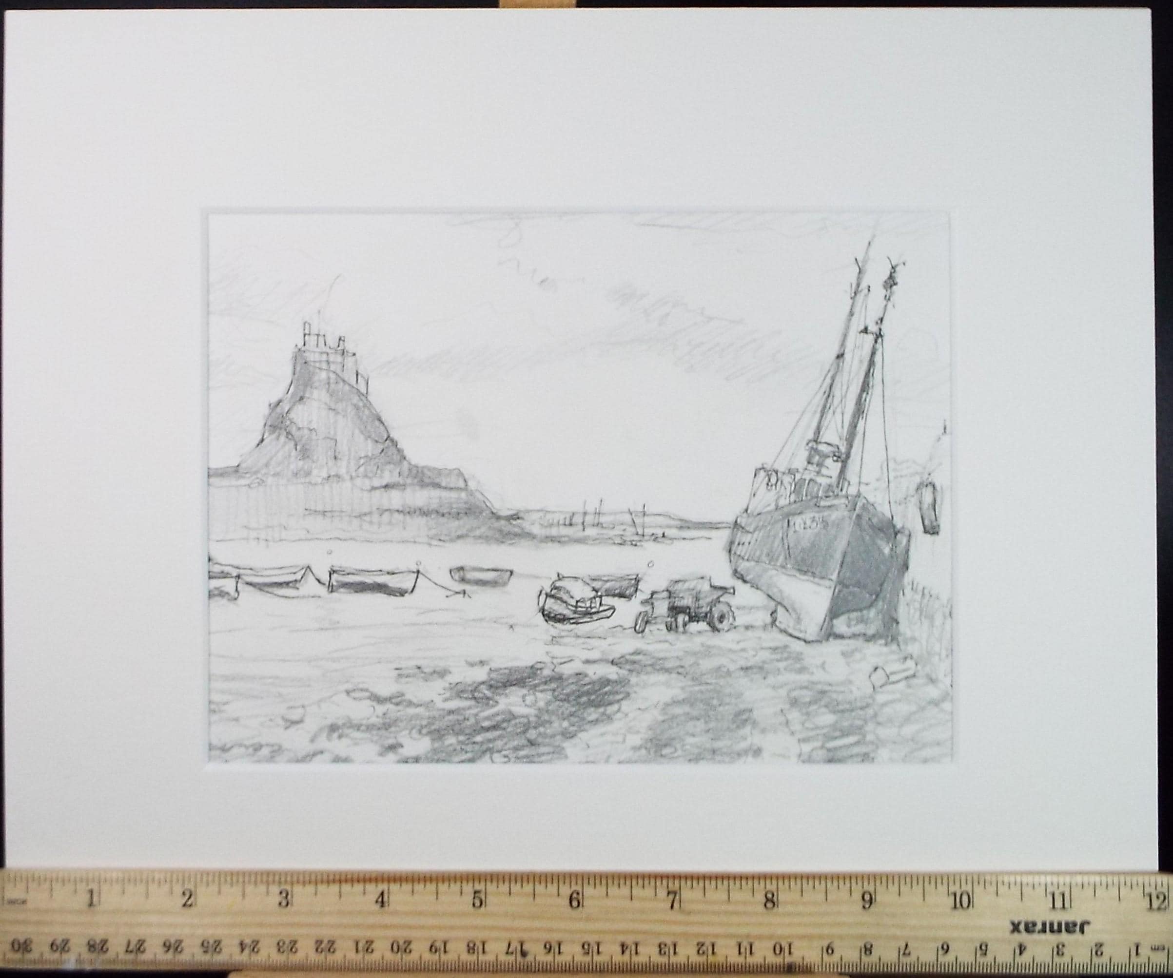 Pencil drawing 'Lindisfarne with boats', Pauline Plummer (b1933), Circa 1990's