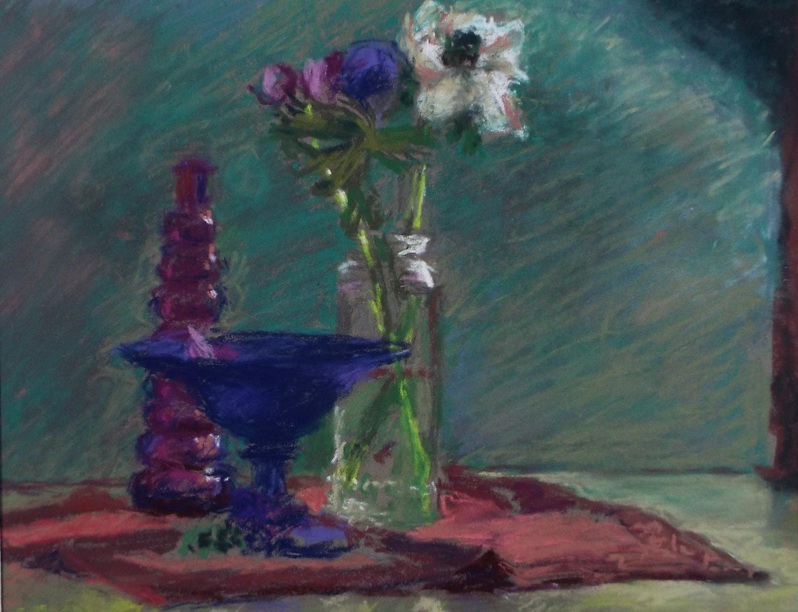 Original pastel Drawing 'Still life Glassware', Pauline Plummer (b1933), Circa 1990's