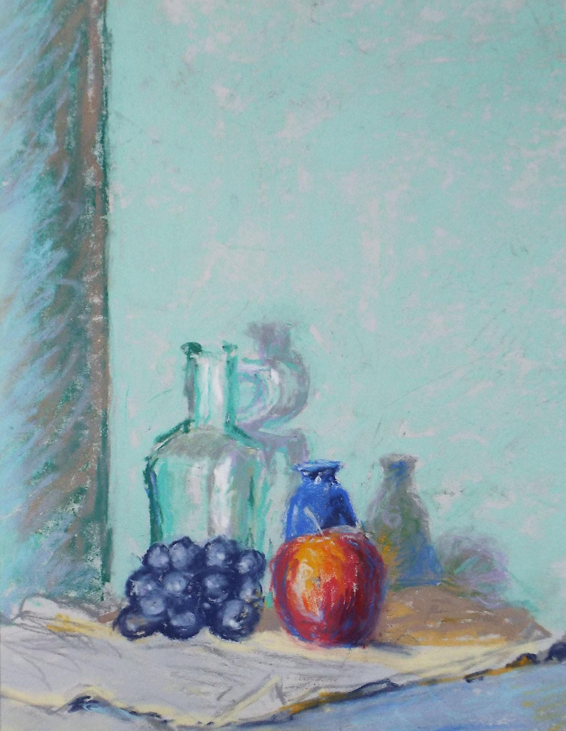 Original pastel Drawing 'Still life Glassware & fruit', Pauline Plummer (b1933), Circa 1990's