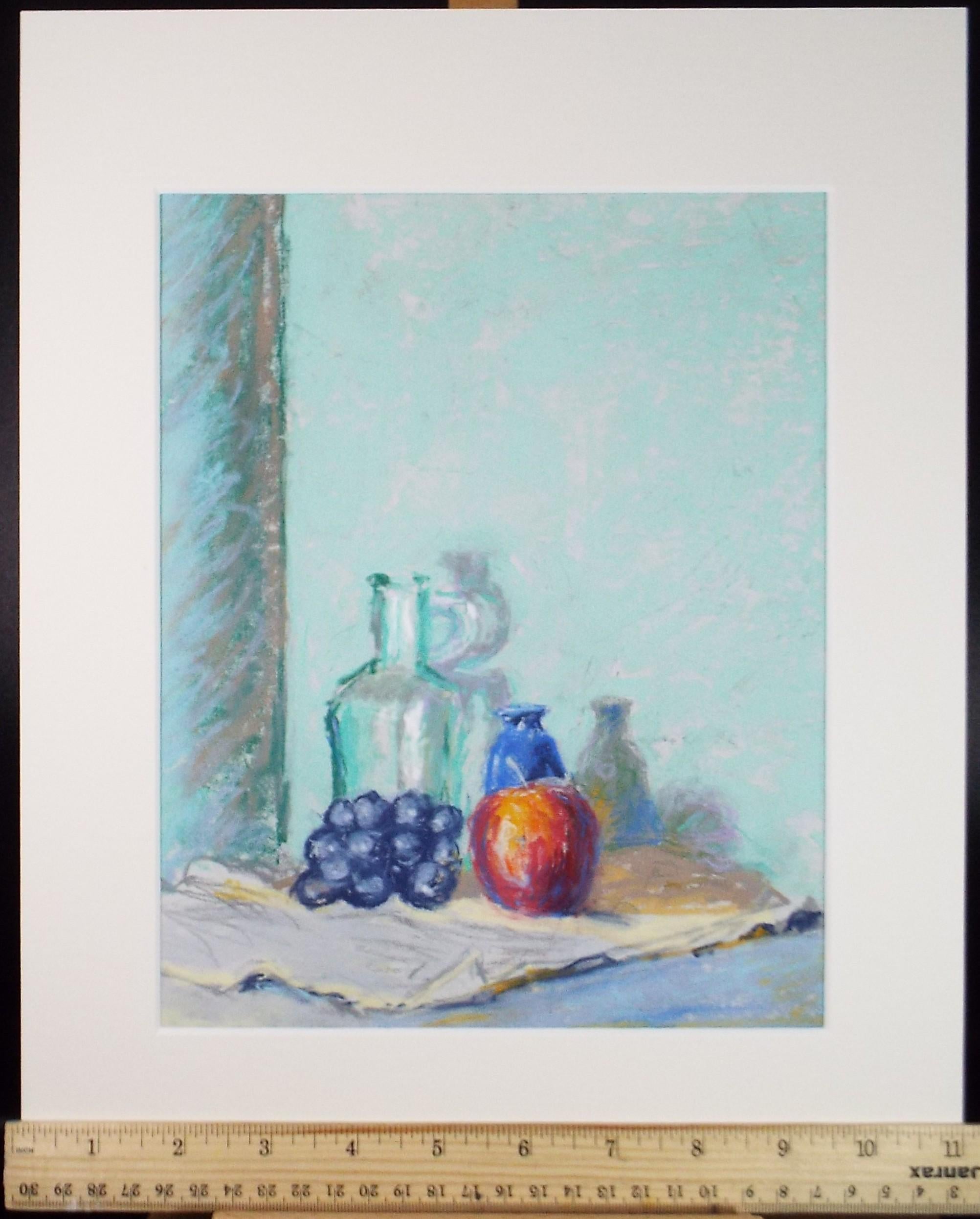 Original pastel Drawing 'Still life Glassware & fruit', Pauline Plummer (b1933), Circa 1990's