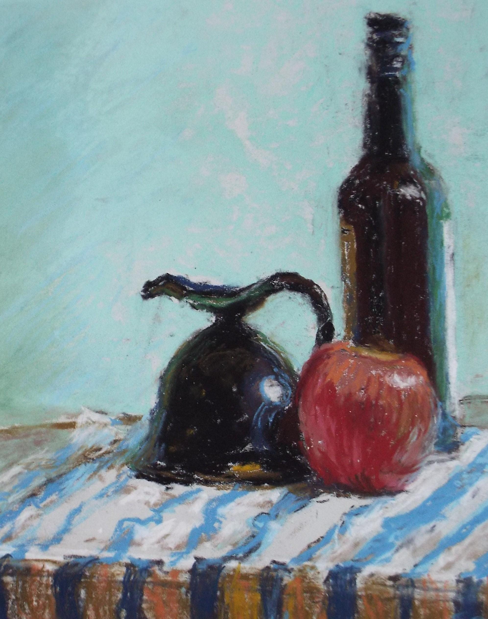 Original pastel Drawing 'Still life of bottle, jug and apple', Pauline Plummer (b1933), Circa 1990's