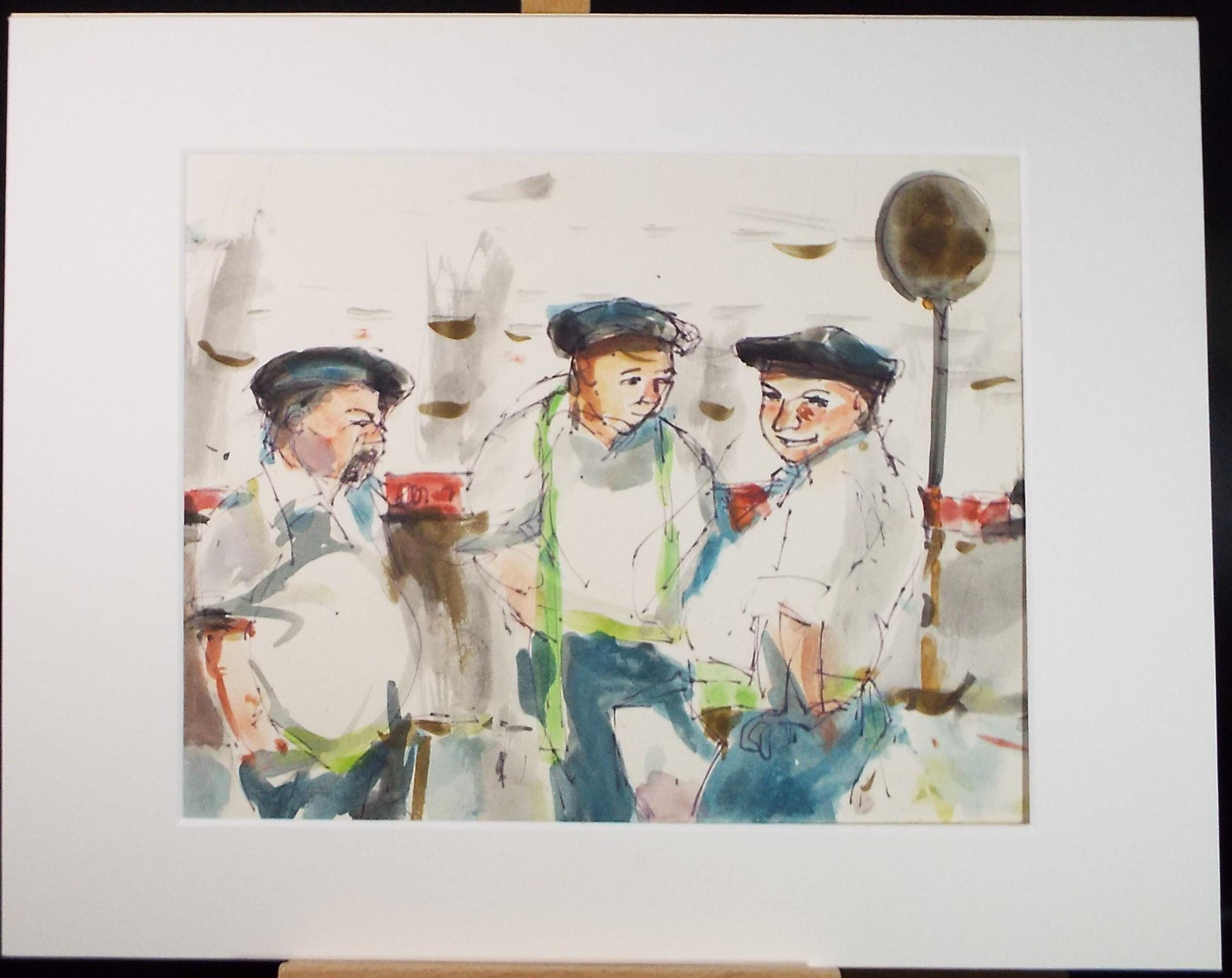 Original Watercolour & ink, 'Breton Figures', J Cakebread, Circa 1980's