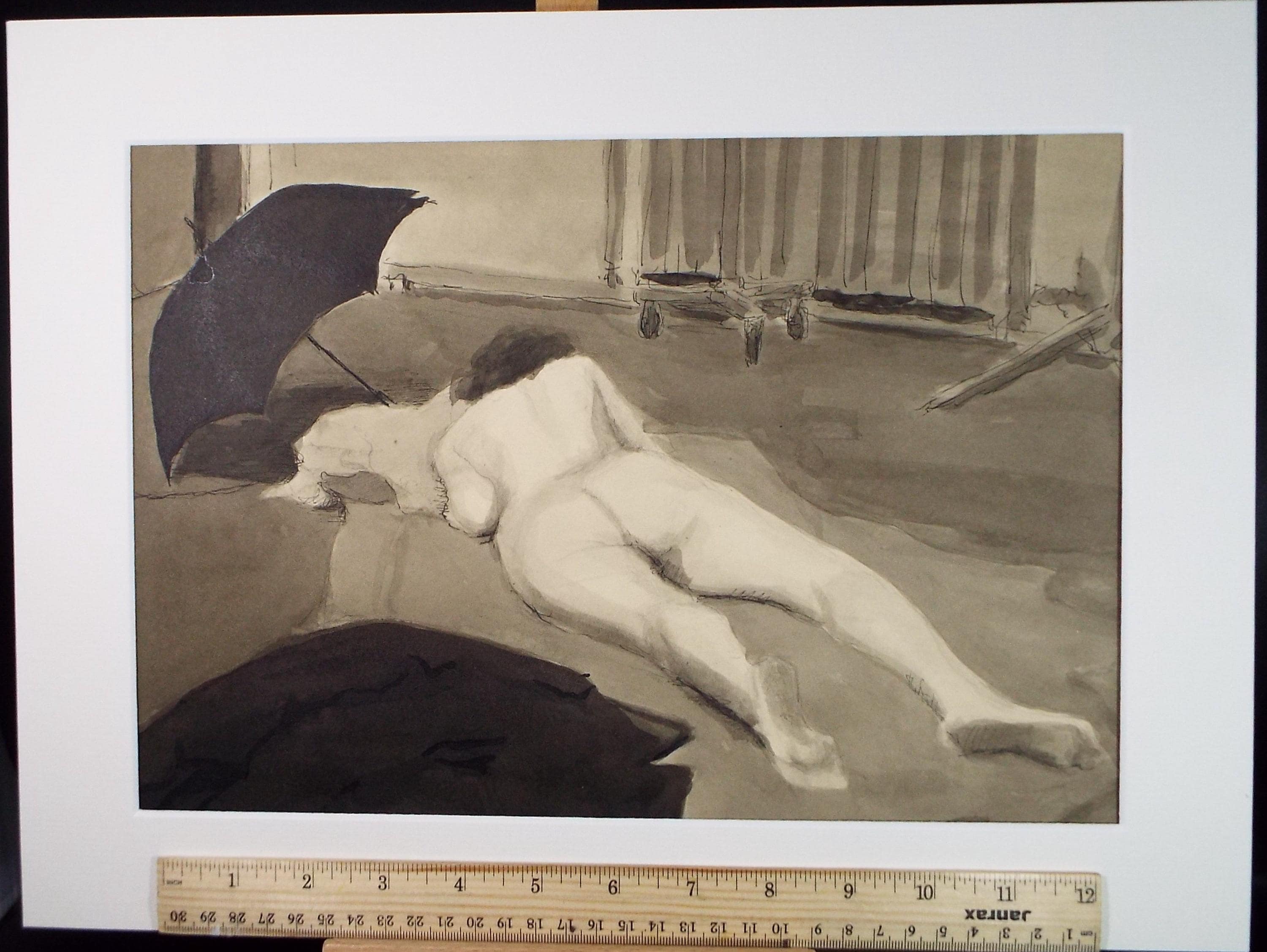 Original Watercolour & Ink ,'Sleeping Nude with Umbrella', Circa 1950's, Pauline Plummer (b 1933)