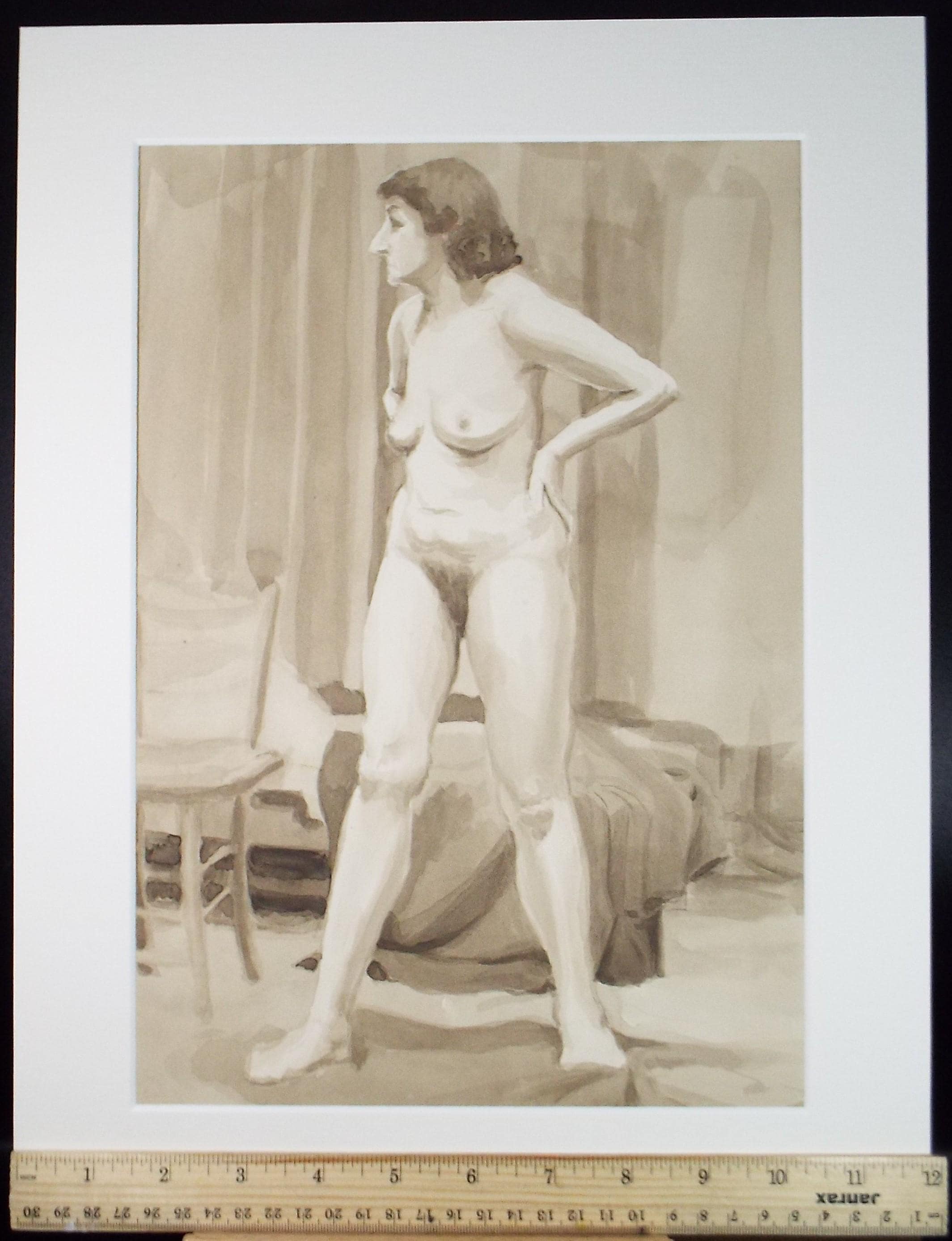 Original Watercolour & Ink ,'Standing female nude', Circa 1950's, Pauline Plummer (b 1933)