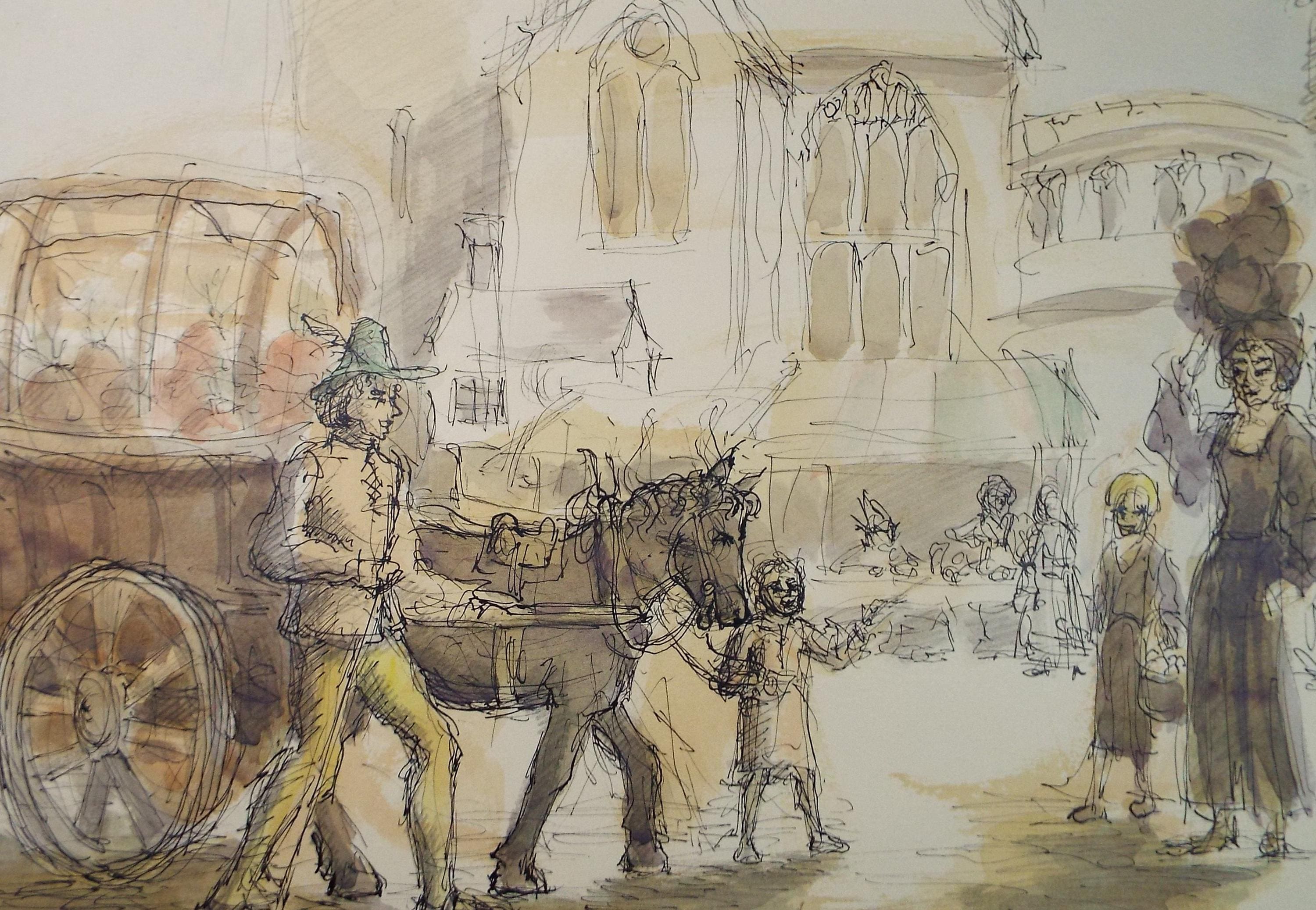 Original Watercolour & Ink ,'Horse drawn carriage with figures', Pauline Plummer (b1933), Circa 1950's.