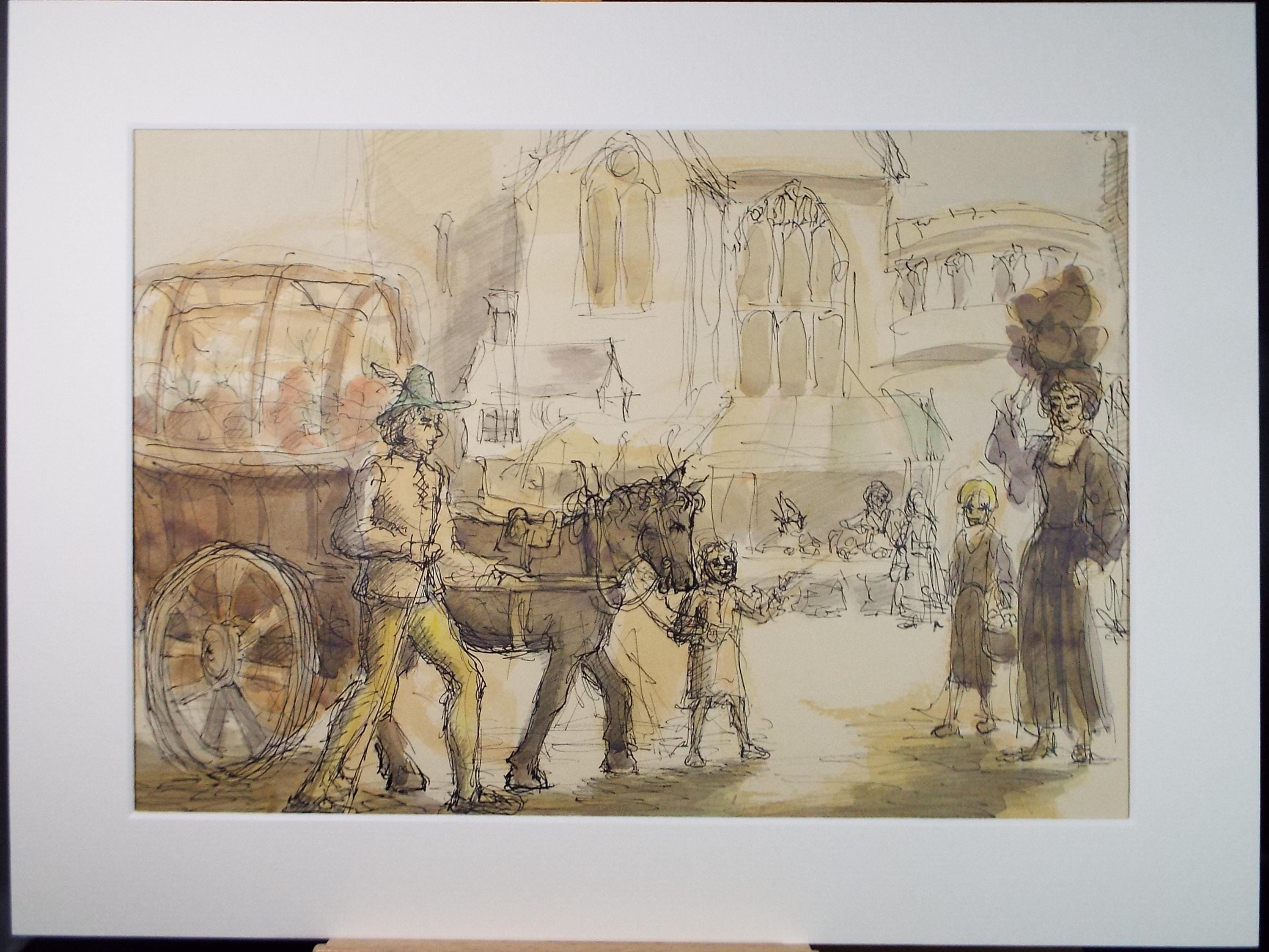 Original Watercolour & Ink ,'Horse drawn carriage with figures', Pauline Plummer (b1933), Circa 1950's.