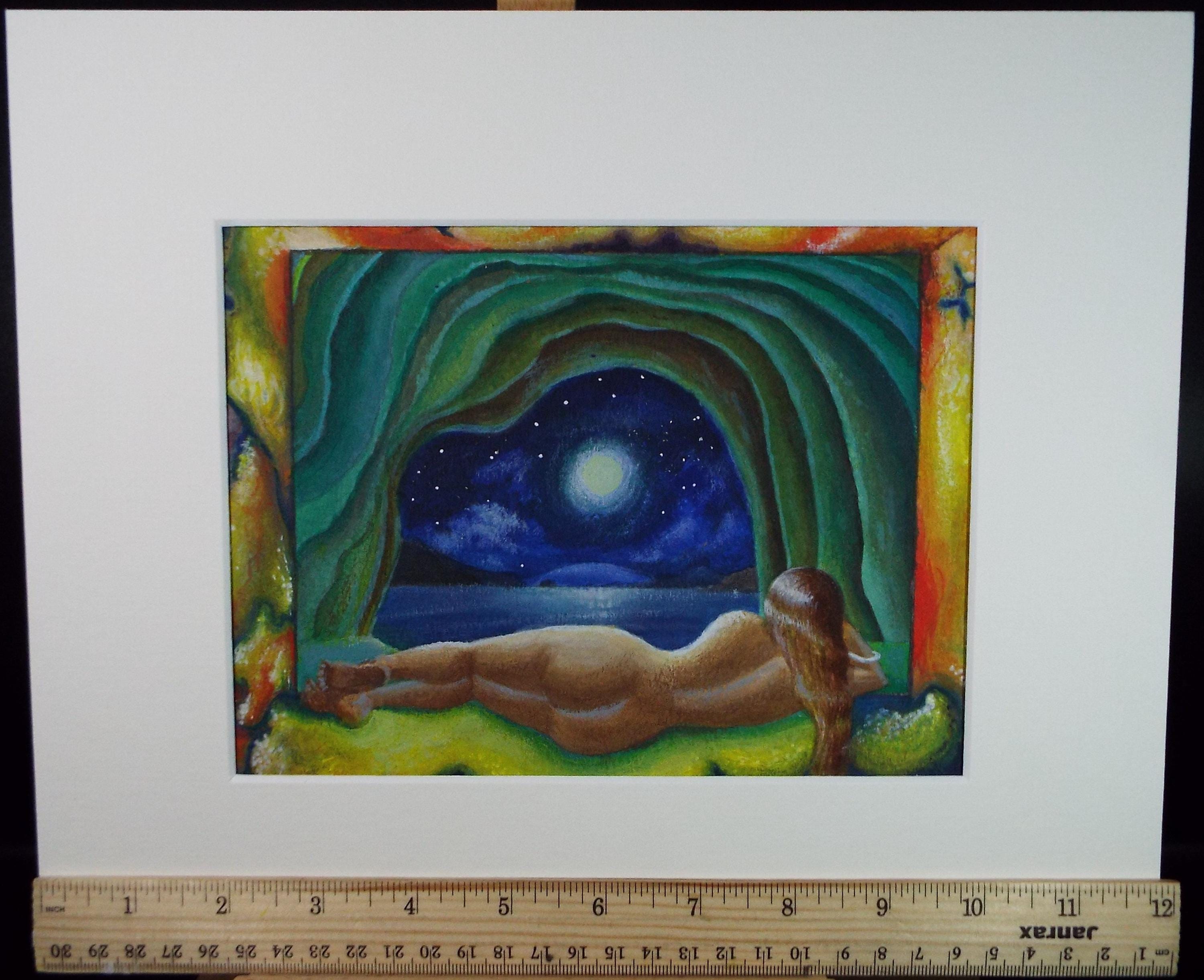 Original Watercolour, 'Cave with nude and moonlit sky', Circa 1990's, artist unknown