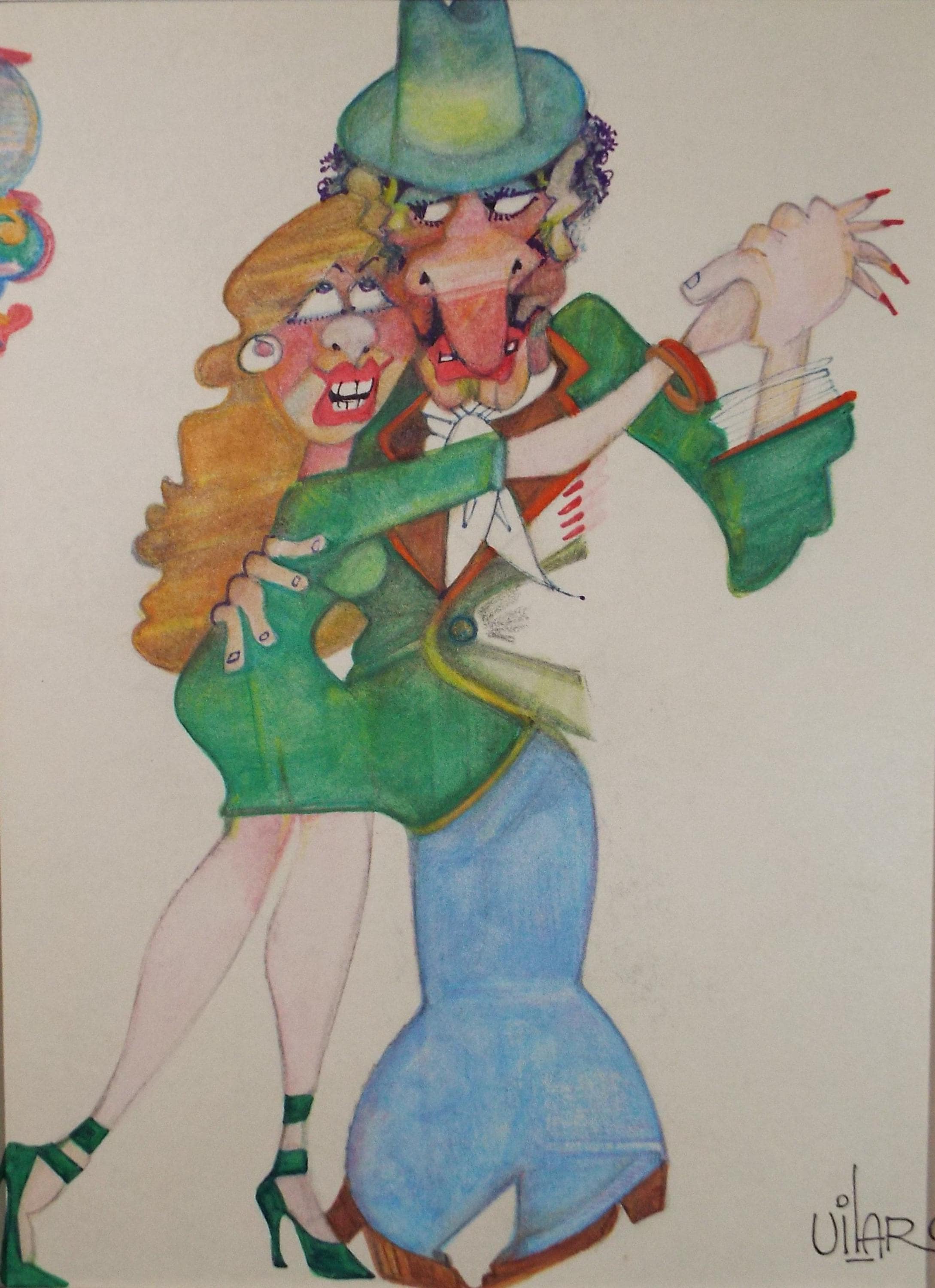 Coloured pencil and watercolour, 'Tango figures', Signed Uilar, circa 1970's
