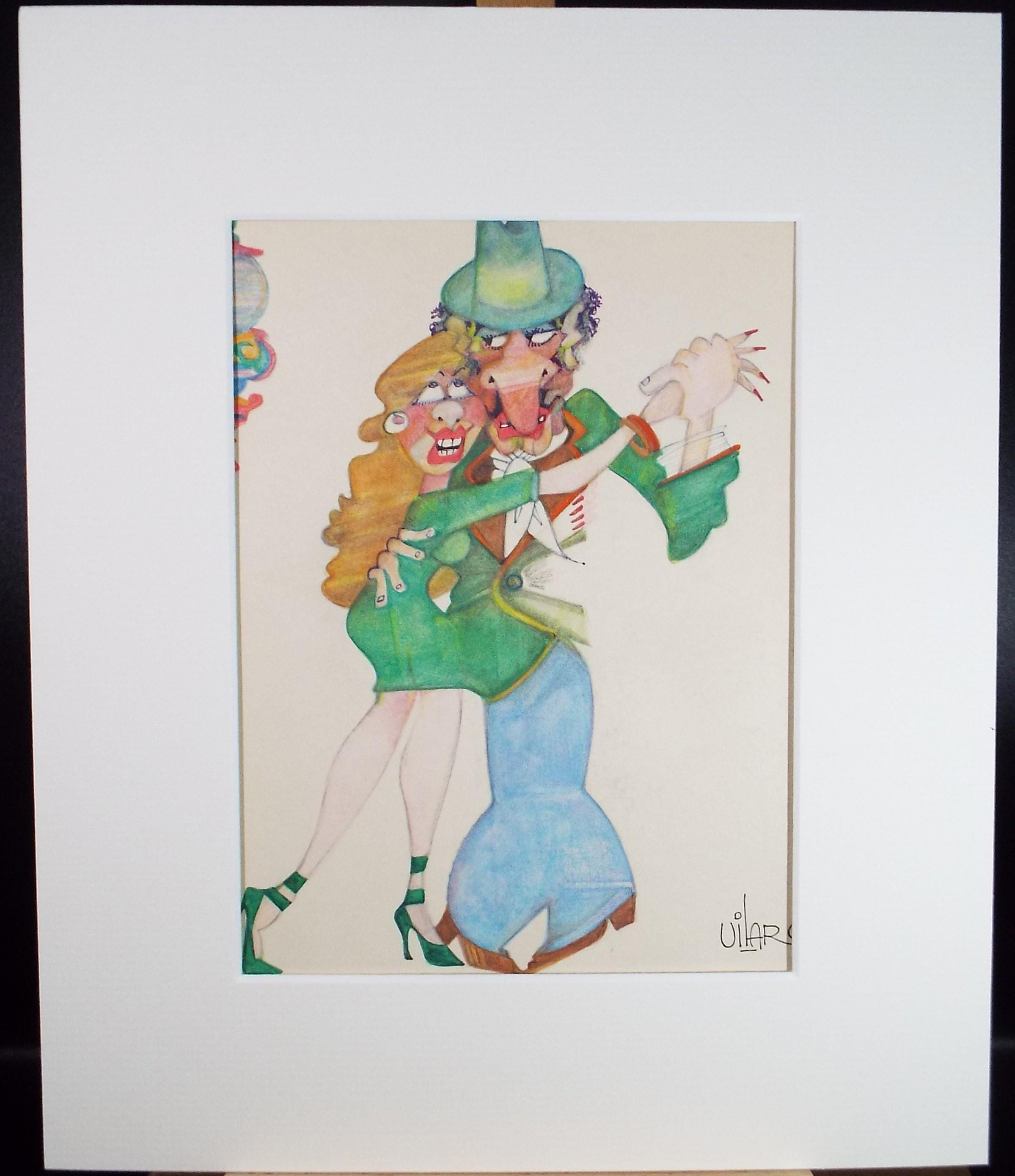 Coloured pencil and watercolour, 'Tango figures', Signed Uilar, circa 1970's
