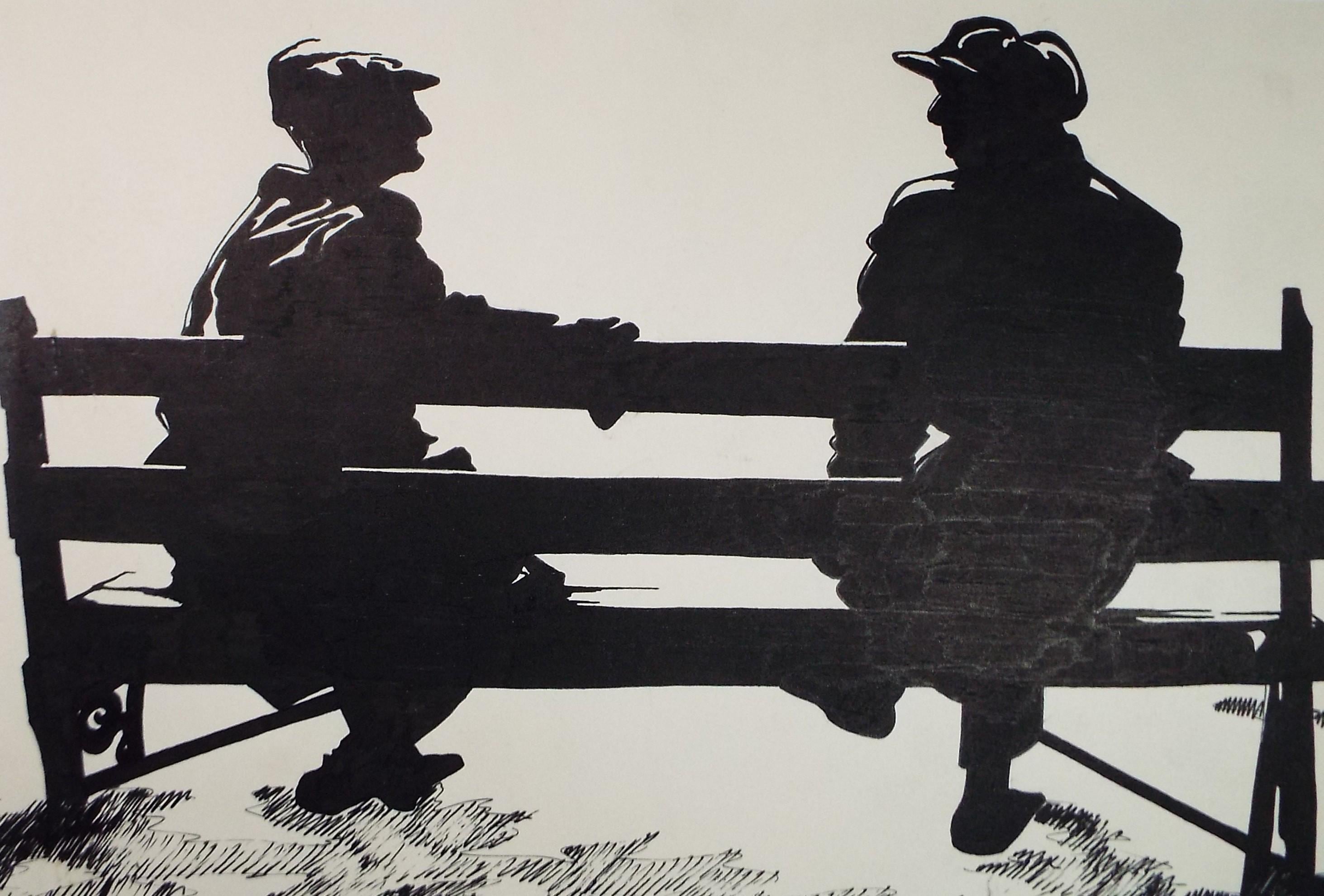Original Watercolour, 'Two men on a bench - Silhouette', unknown artist, Circa 1970's