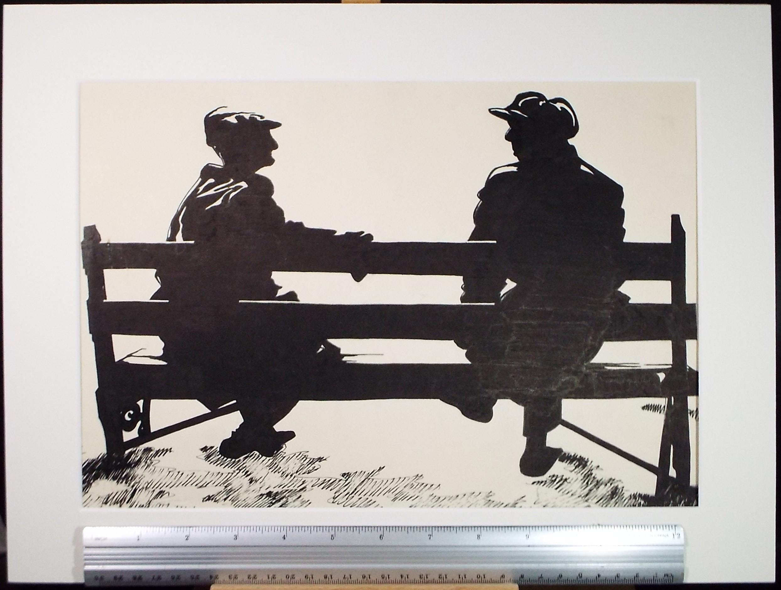 Original Watercolour, 'Two men on a bench - Silhouette', unknown artist, Circa 1970's