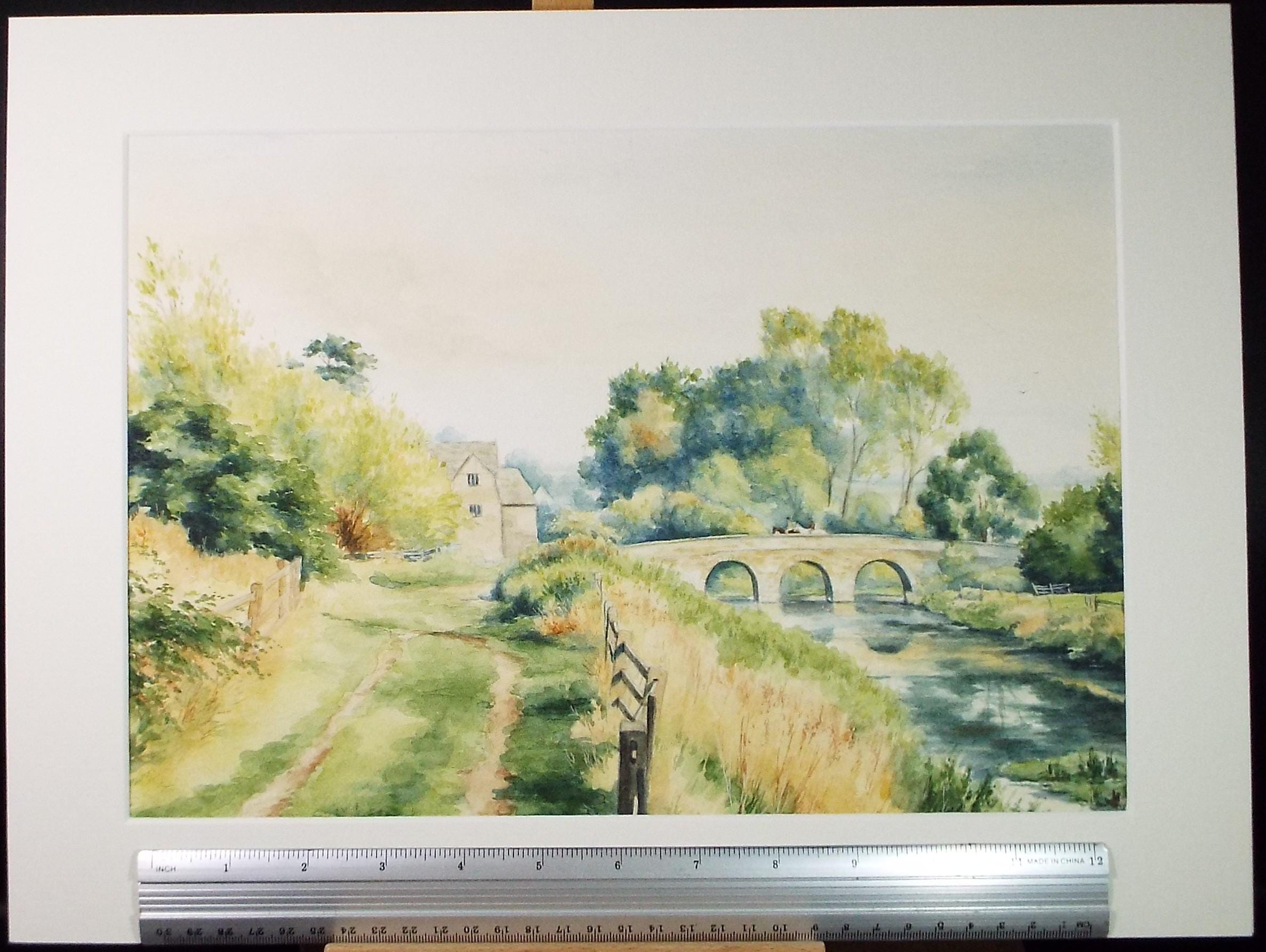 Original Watercolour on Paper, 'River with stone bridge and Watermill', Artist Unknown, Circa 1980's