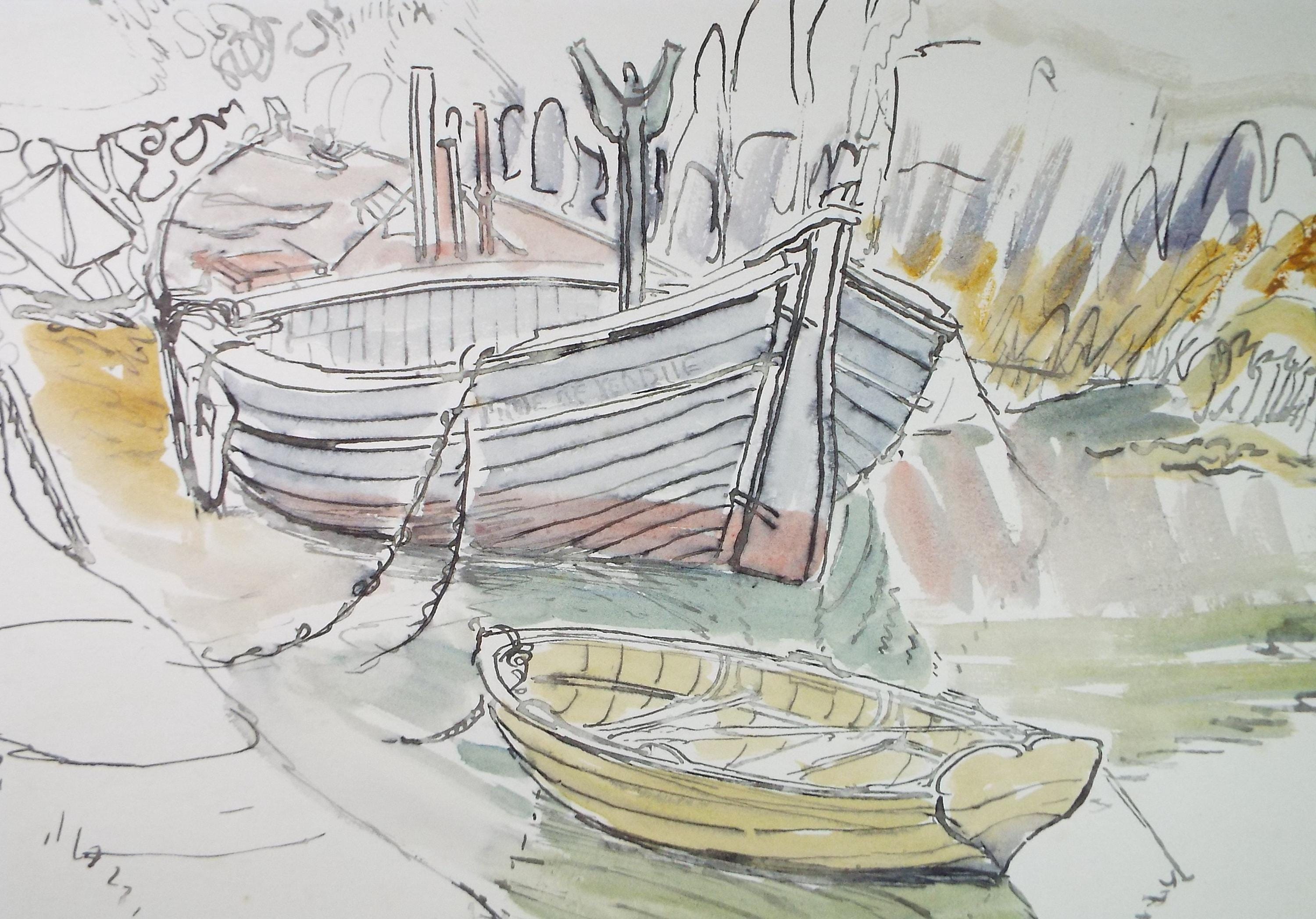 Original Watercolour, 'Boats on the Shore - Donegal',circa 1970's, Artist Unknown