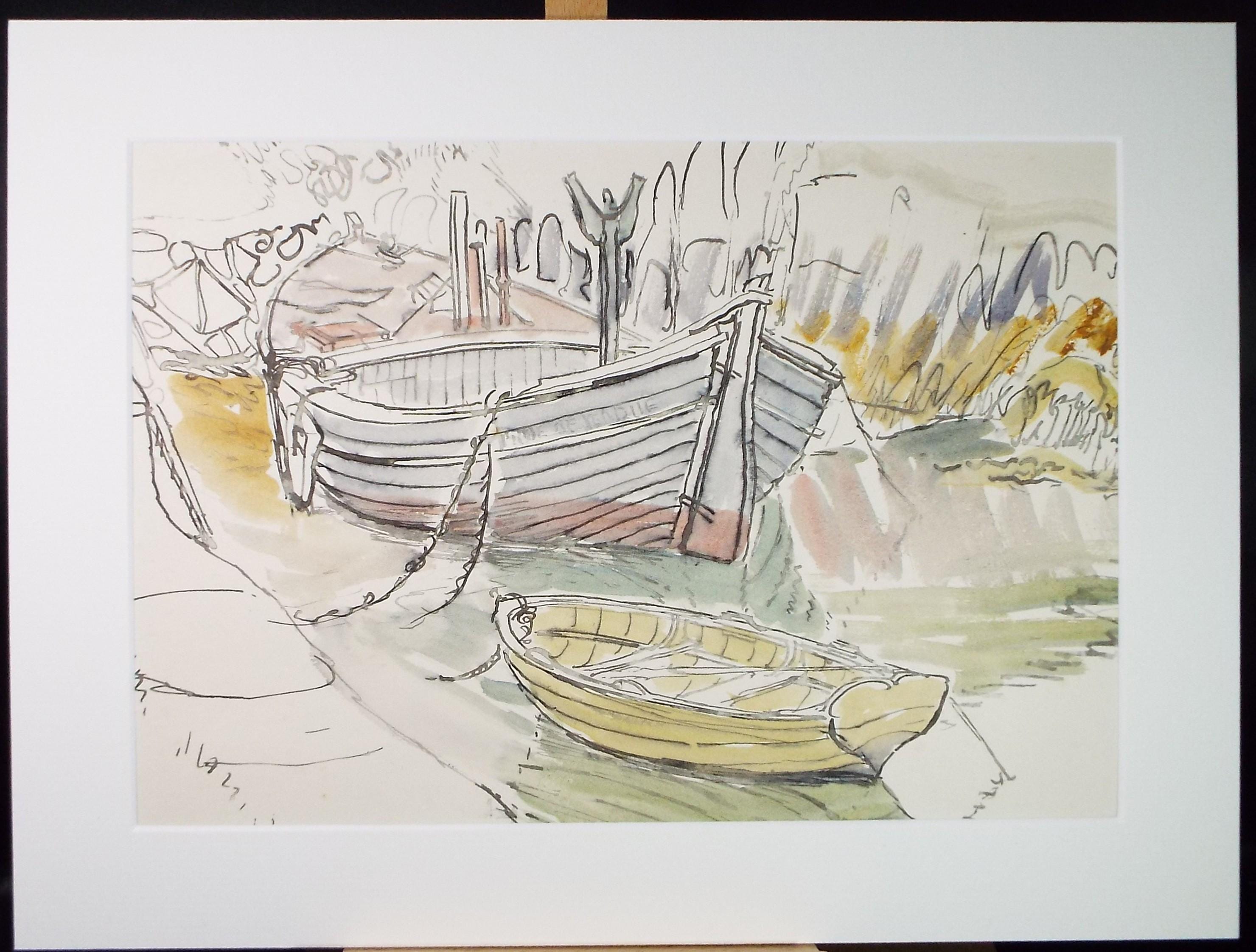 Original Watercolour, 'Boats on the Shore - Donegal',circa 1970's, Artist Unknown
