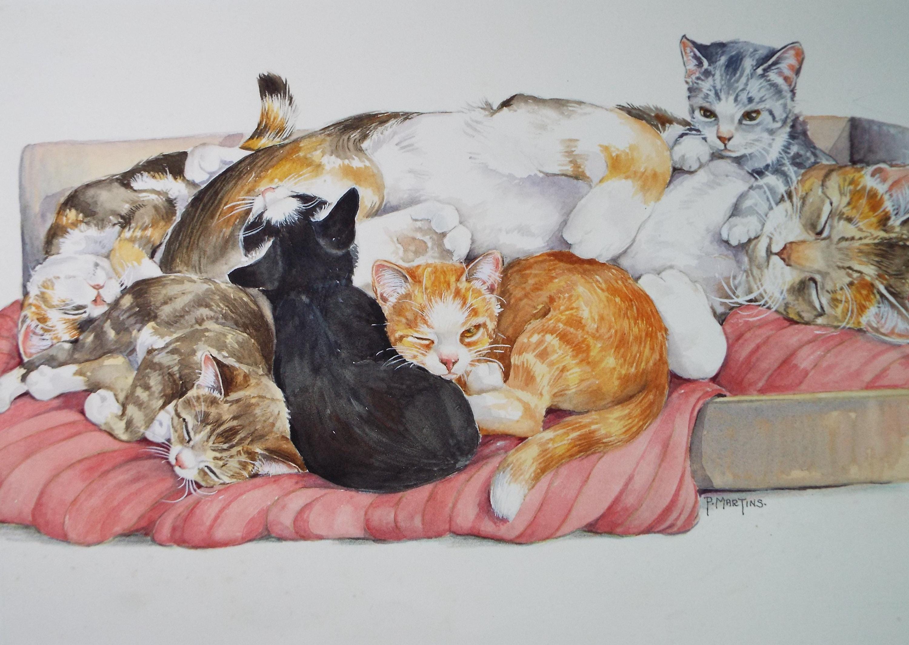 Original Watercolour, 'Mother and kittens',P Martins s.o.f .a, Circa 1990's