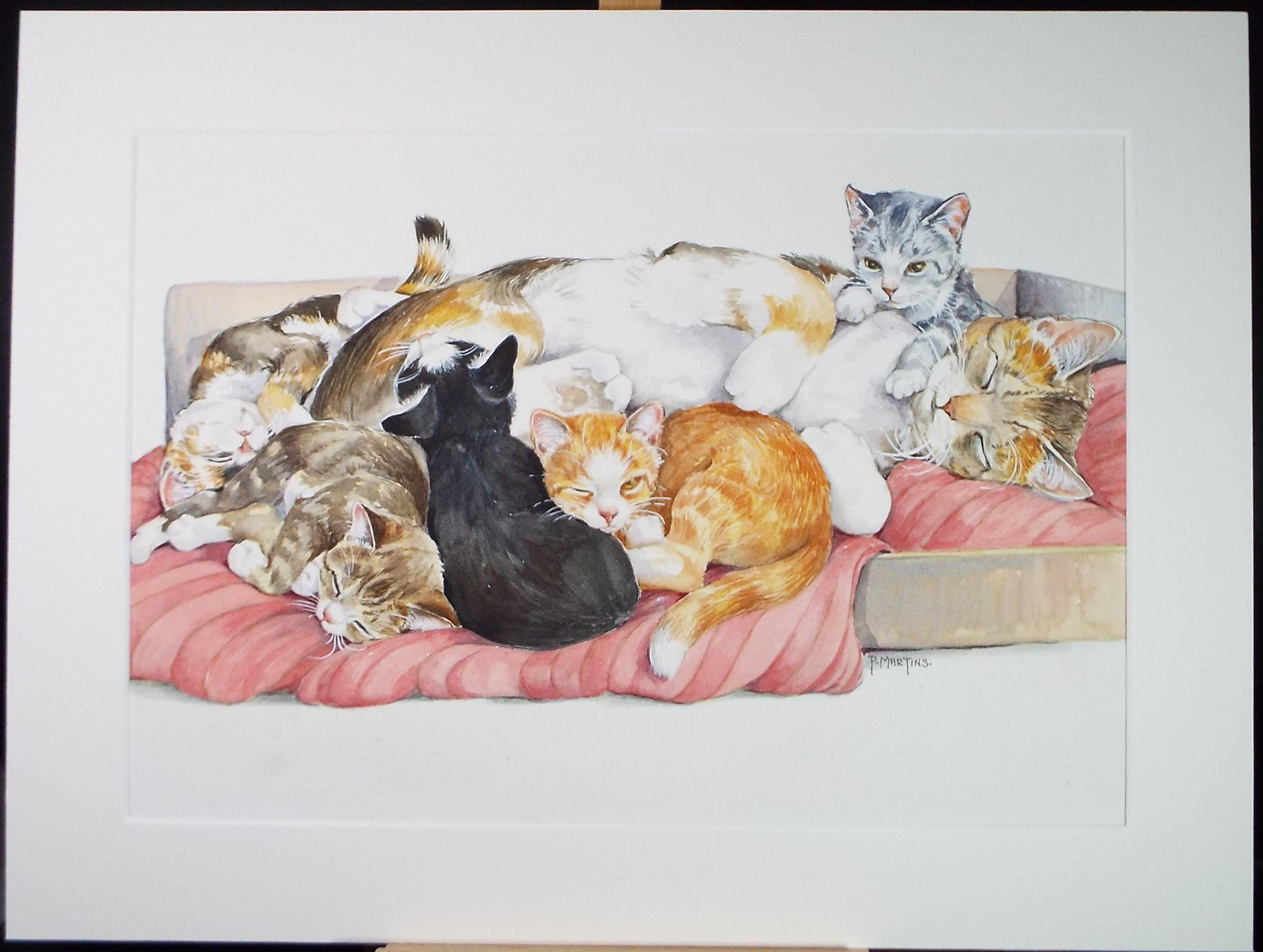 Original Watercolour, 'Mother and kittens',P Martins s.o.f .a, Circa 1990's