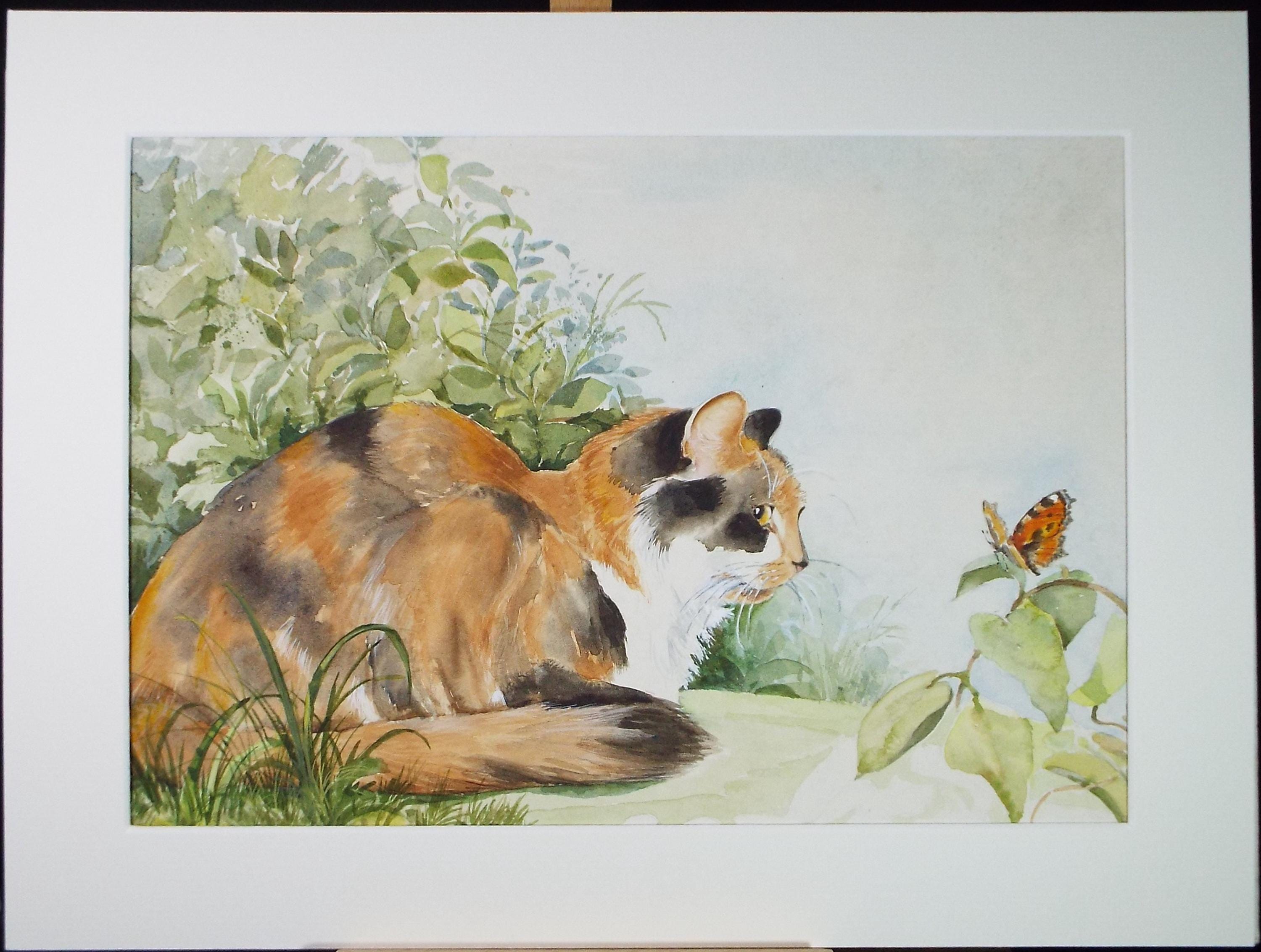 Original Watercolour, 'Tortoiseshell cat & butterfly',P Martins s.o.f.a, Circa 1990's