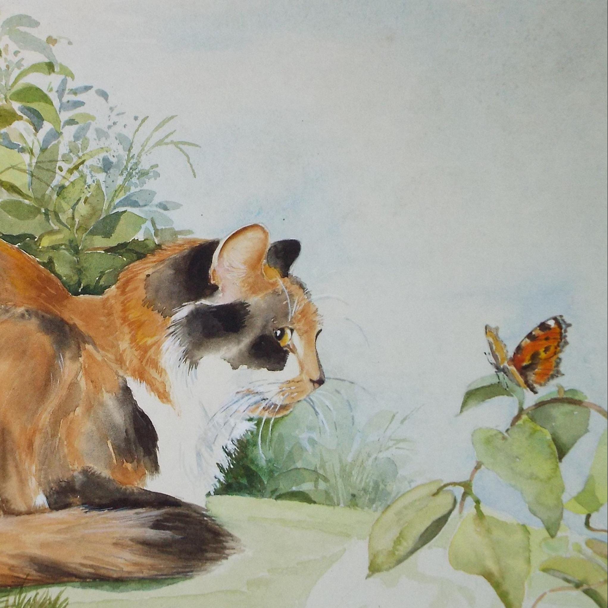 Original Watercolour, 'Tortoiseshell cat & butterfly',P Martins s.o.f.a, Circa 1990's