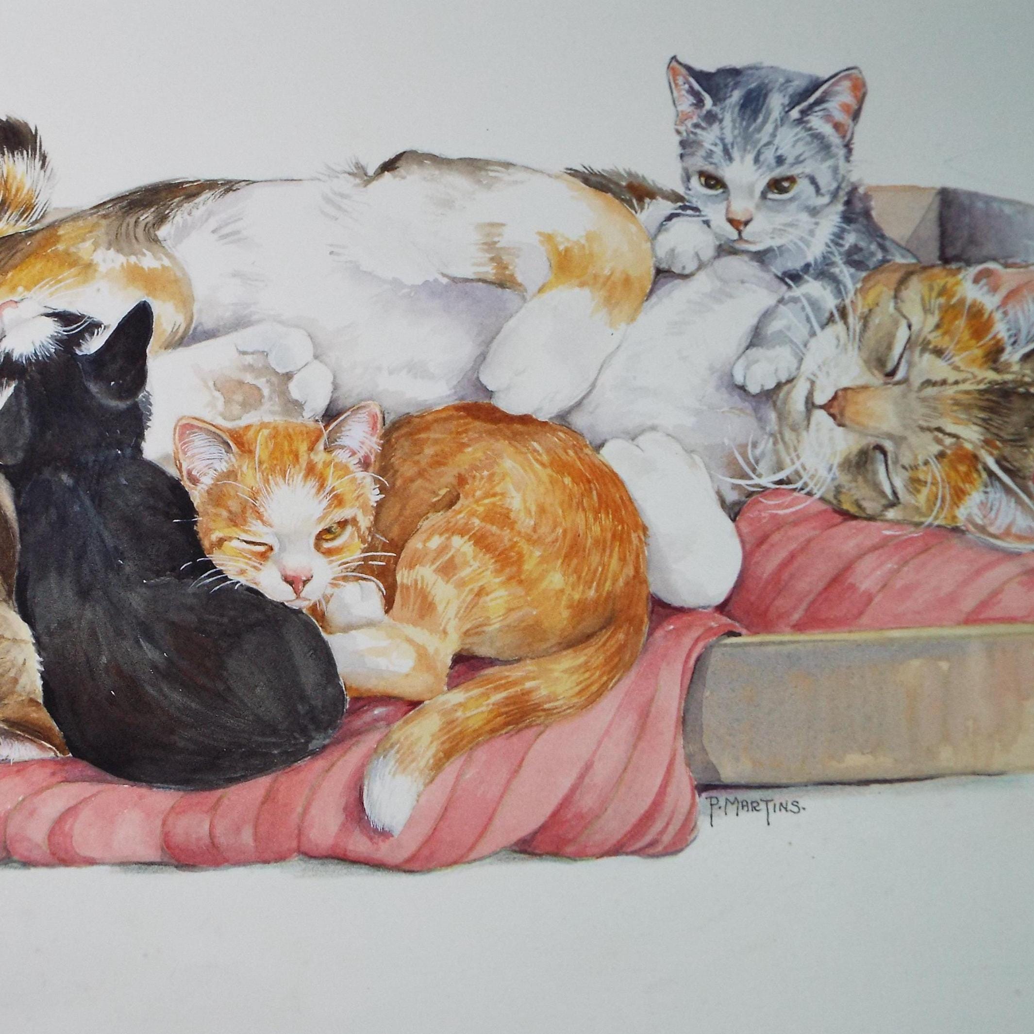 Original Watercolour, 'Mother and kittens',P Martins s.o.f .a, Circa 1990's