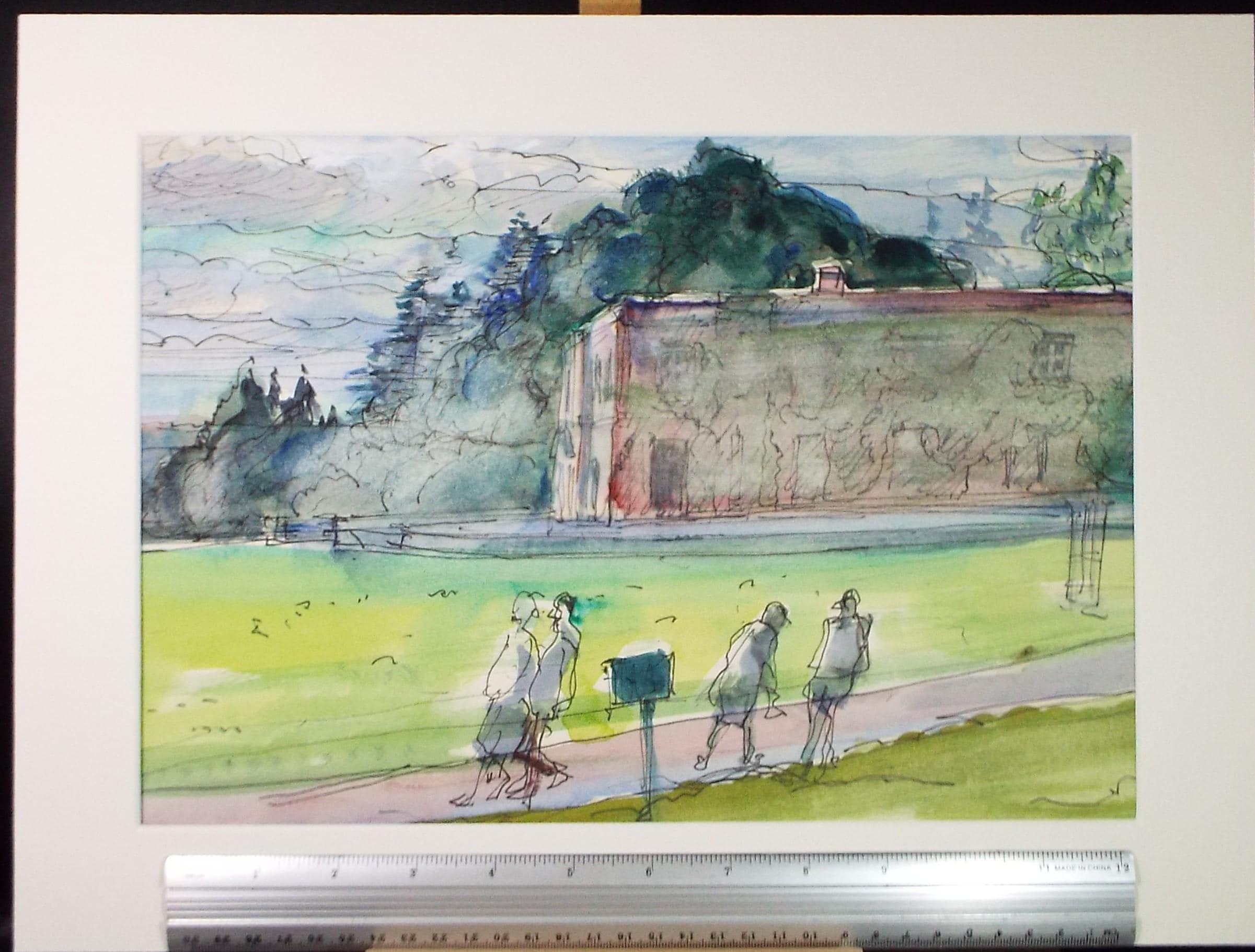 Original Watercolour & Ink, 'Stately home with figures', John Gilbey Bowes (1929-2011), Circa 1990's