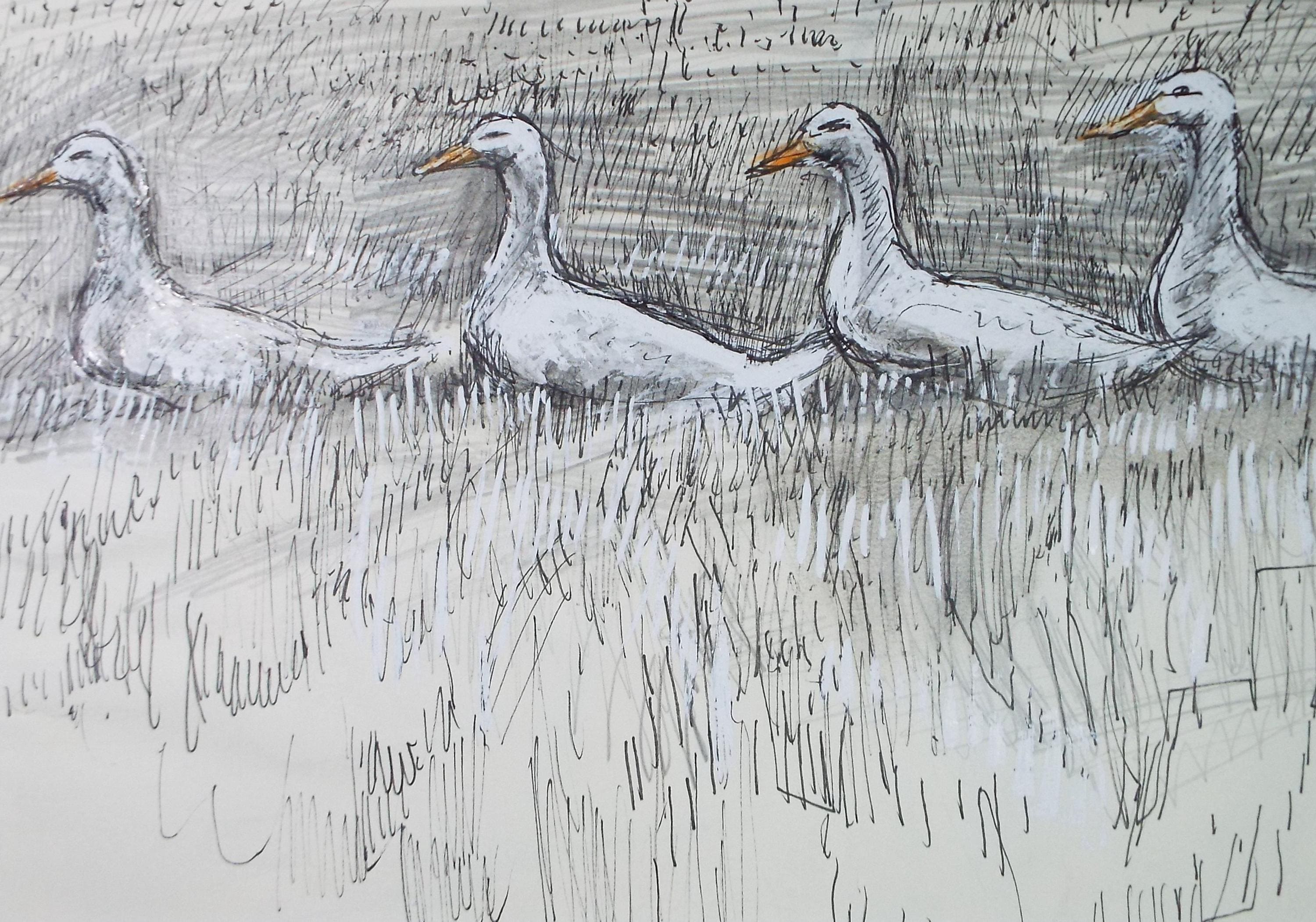 Original Gouache & Ink, 'Four Geese', John Gilbey Bowes (1929-2011), Circa 1990's