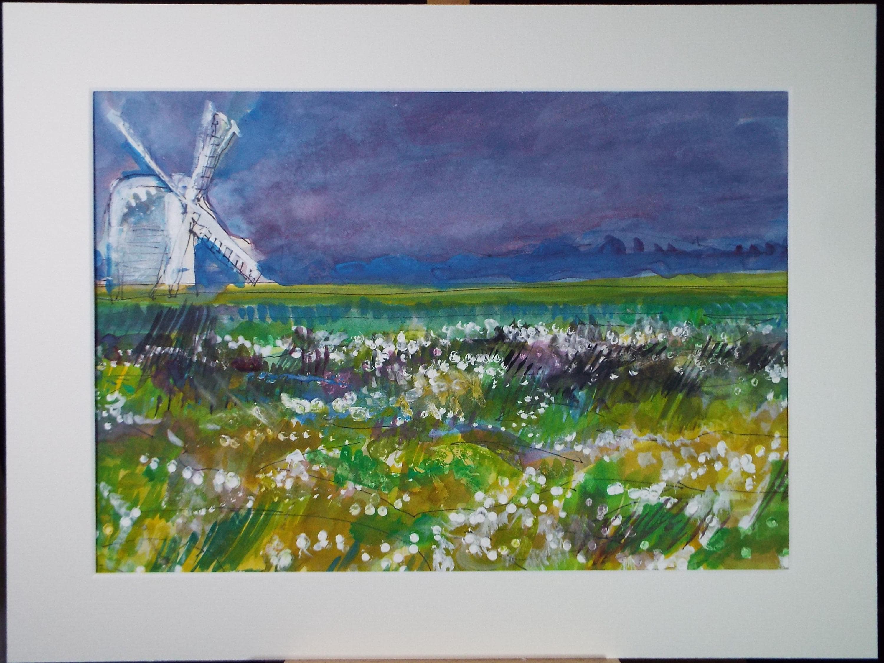 Original Watercolour & Gouache, 'Summer meadow with Windmill', John Gilbey Bowes (1929-2011), Circa 1990's