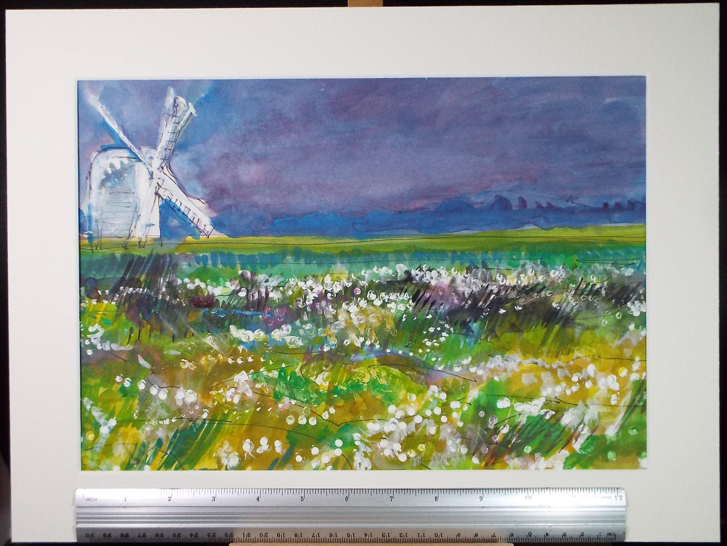 Original Watercolour & Gouache, 'Summer meadow with Windmill', John Gilbey Bowes (1929-2011), Circa 1990's